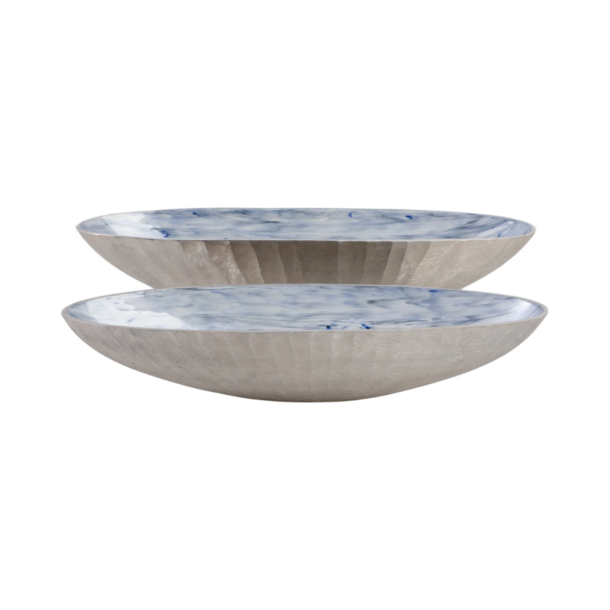 S/2 20/23" Oval Metal Bowl W/ Enamel,light Blu/sil - Image 4