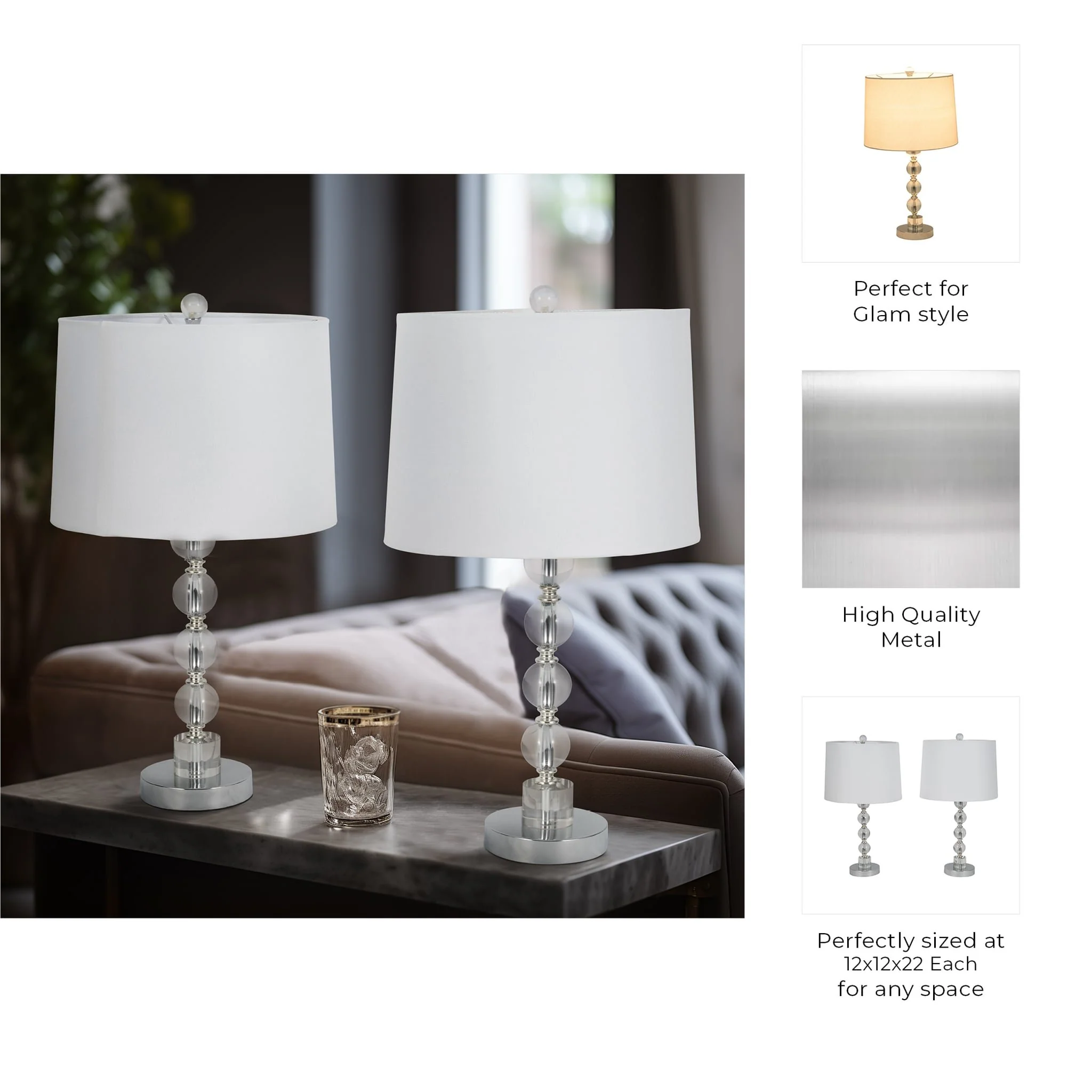 S/2 22" Crystal Table Lamp, Silver - Image 9
