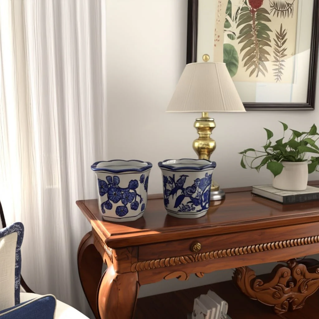 S/2 4" Petal Trim Chinoiserie Pencil Cups, Blu/wht - Image 3