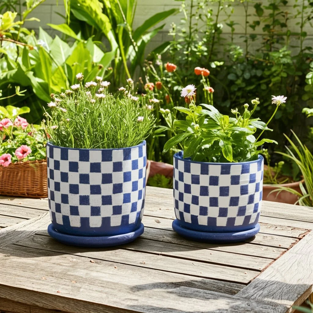 S/2 5/6" Checkerboard Saucer Planters, Blue/white - Image 10