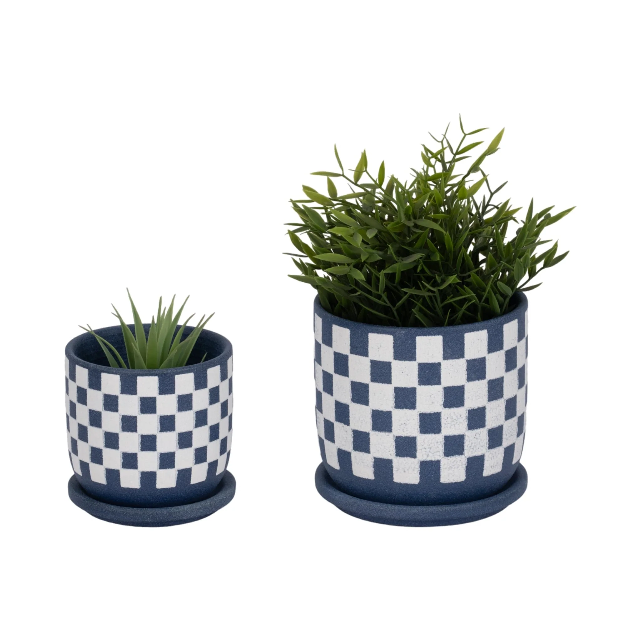 S/2 5/6" Checkerboard Saucer Planters, Blue/white - Image 2