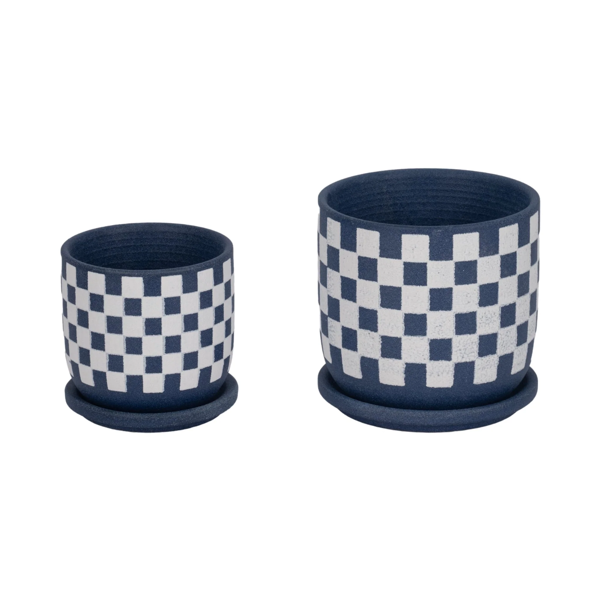 S/2 5/6" Checkerboard Saucer Planters, Blue/white - Image 3
