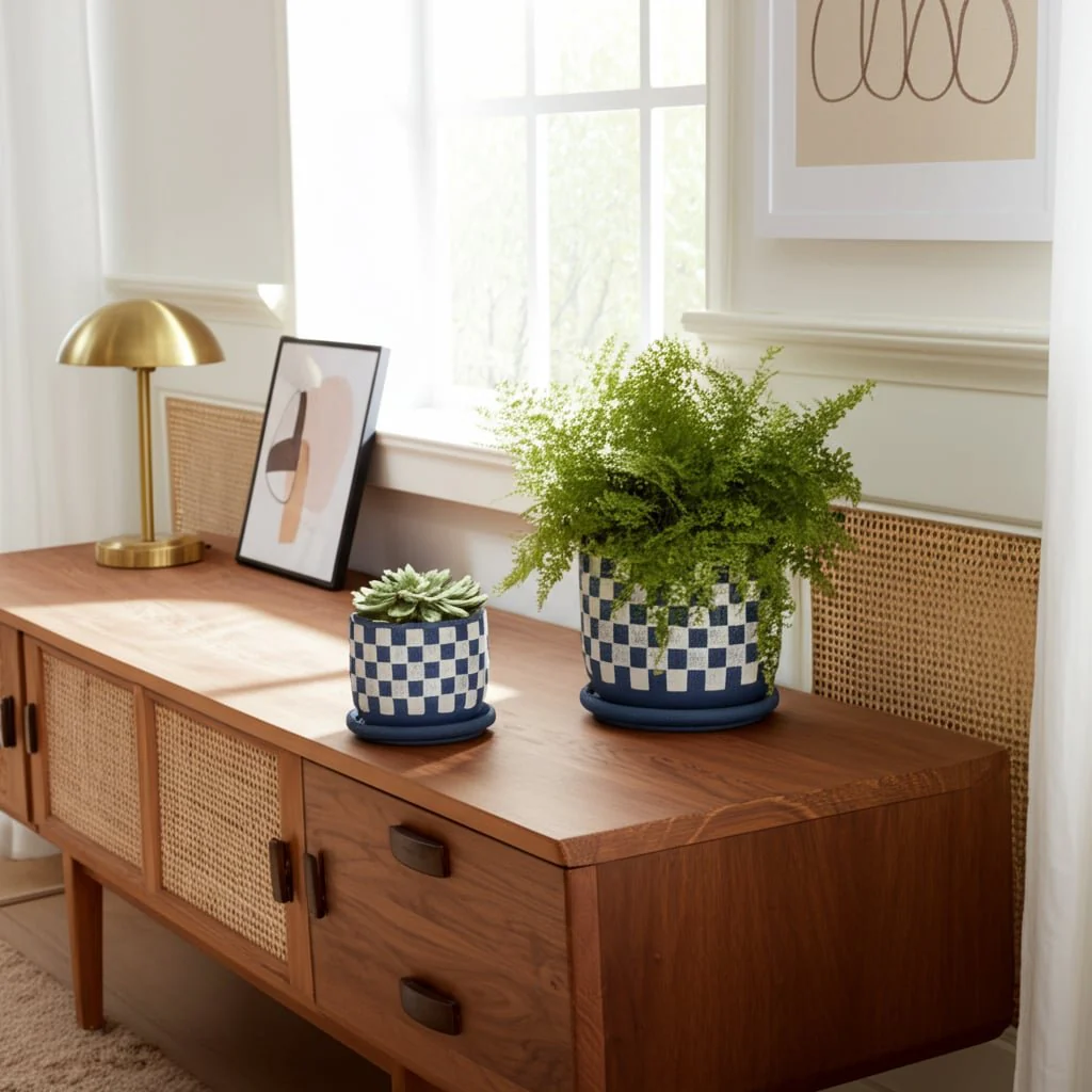 S/2 5/6" Checkerboard Saucer Planters, Blue/white - Image 9