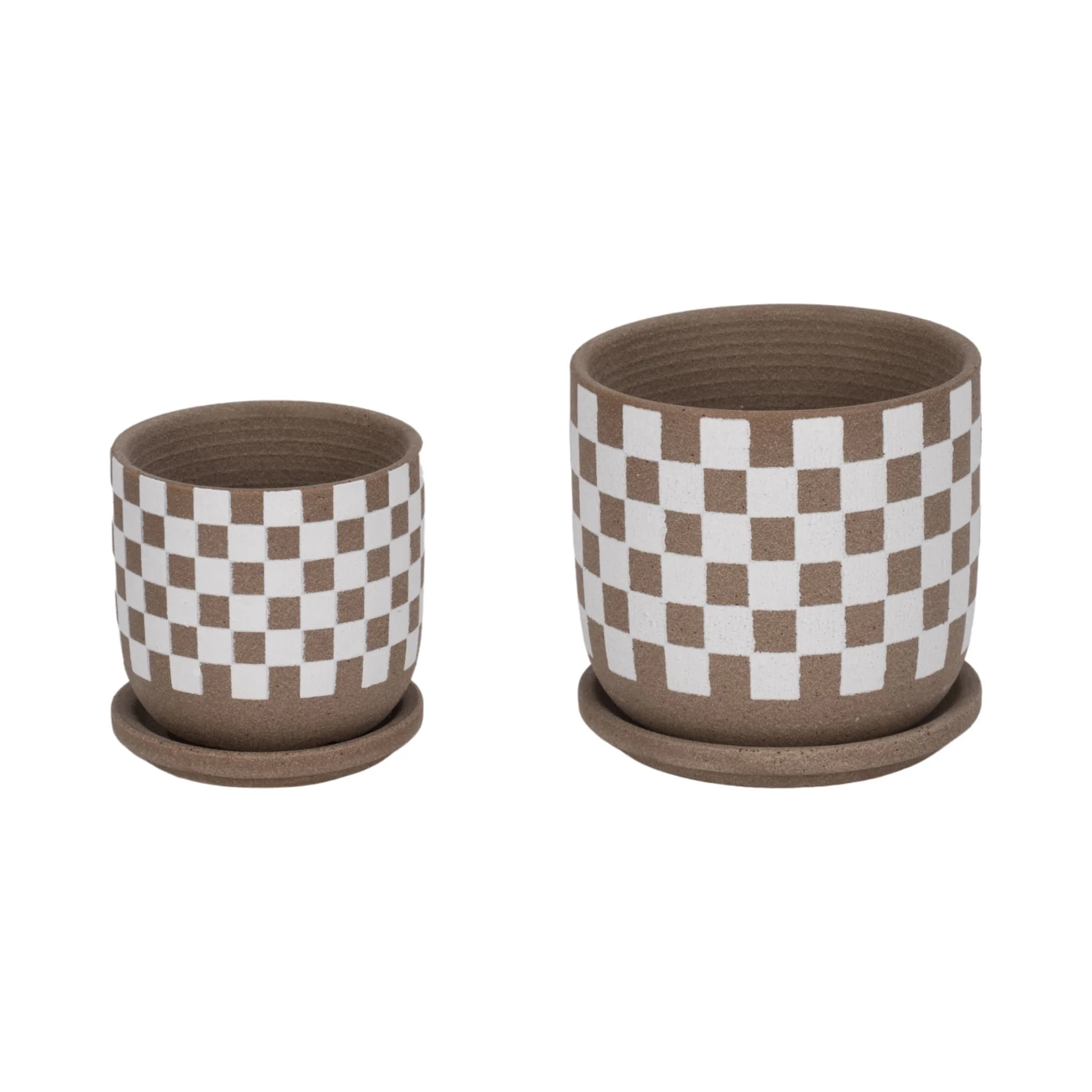 S/2 5/6" Checkerboard Saucer Planters, White/tan - Image 3