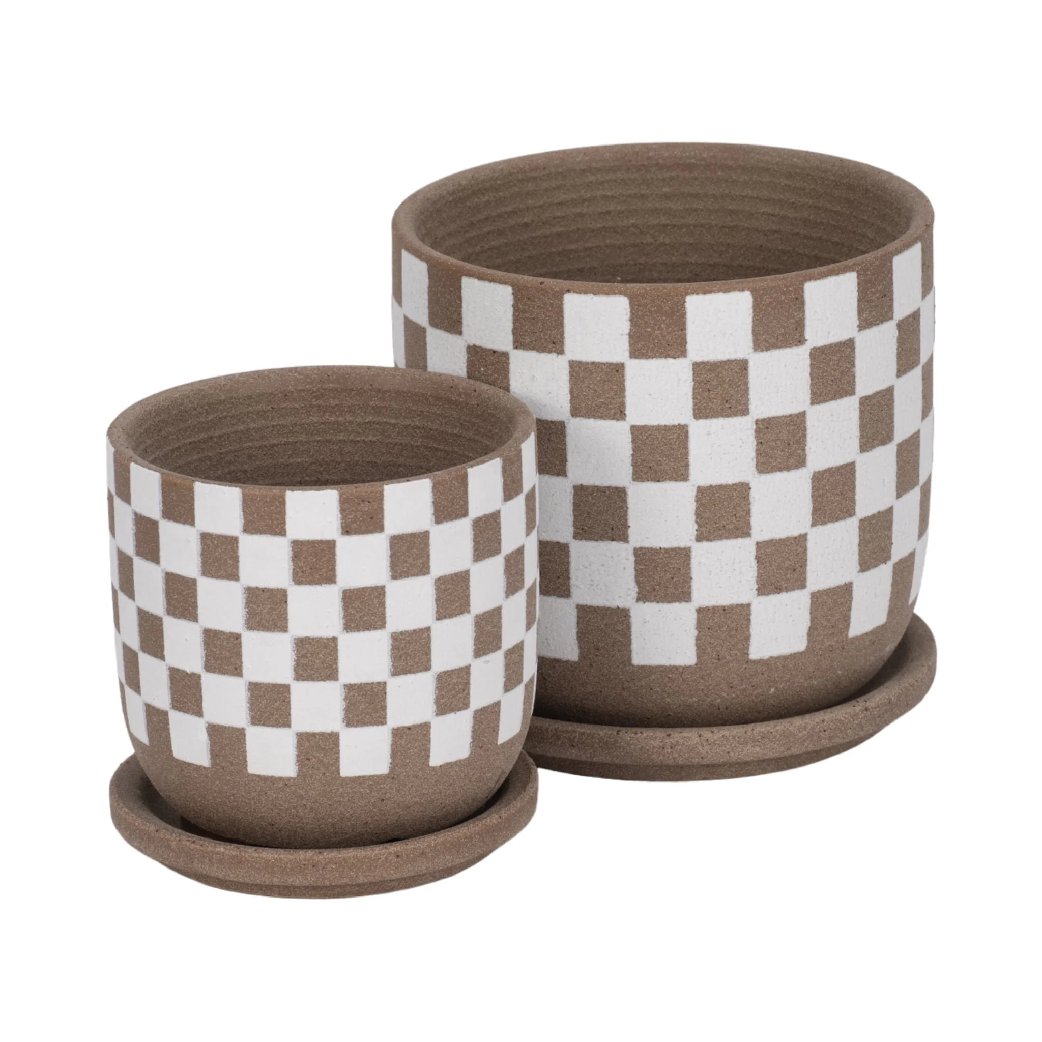 S/2 5/6" Checkerboard Saucer Planters, White/tan - Image 4