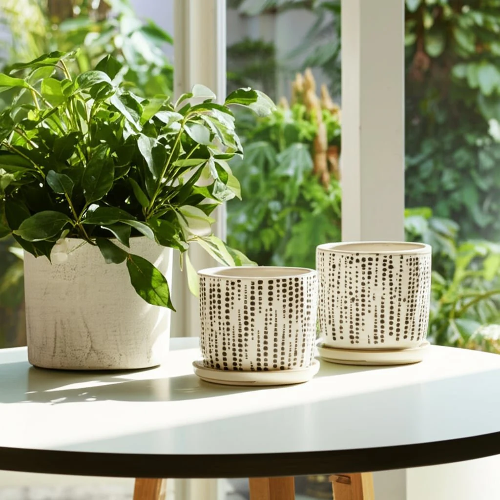 S/2 5/6" Dotted Planters W/ Saucer, Beige - Image 8