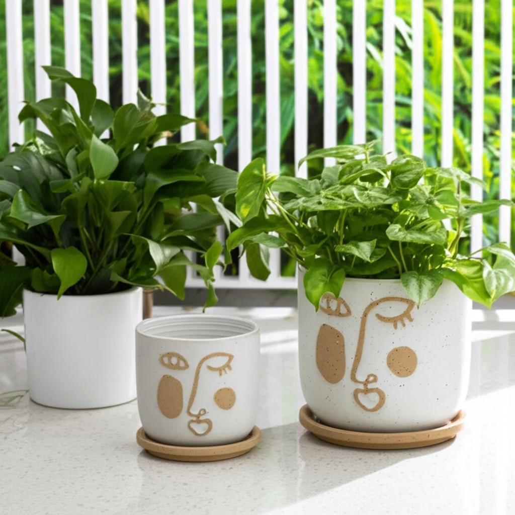 S/2 5/6" Funky Face Planter W/ Saucer, Beige - Image 12
