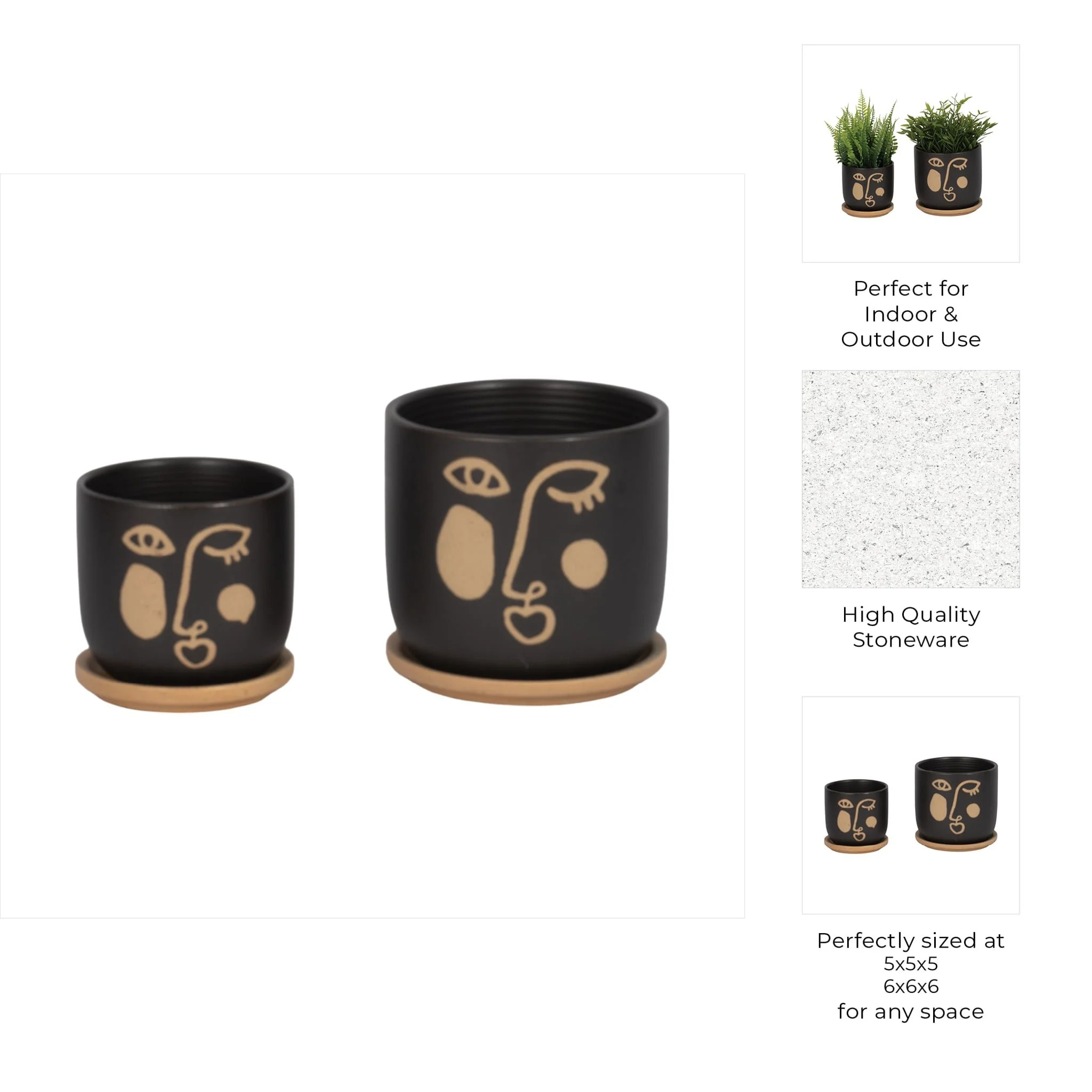 S/2 5/6" Funky Face Planter W/ Saucer, Black - Image 9