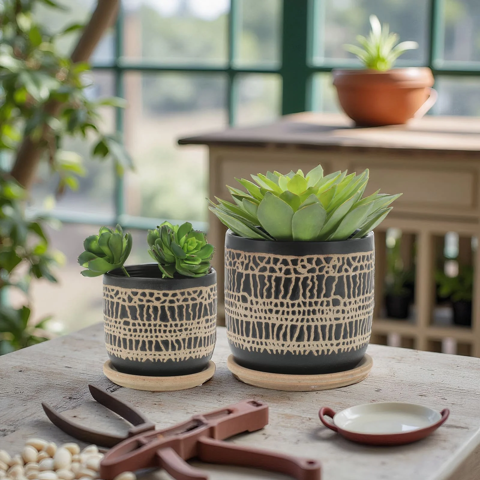 S/2 5/6" Glazed Planter W/ Saucer, Black - Image 11