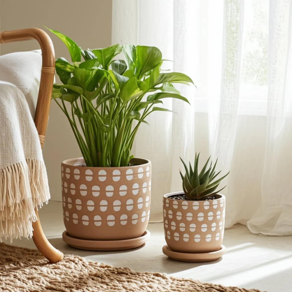 S/2 5/6" Hand Stamped Saucer Planters, Tan/white - Image 10