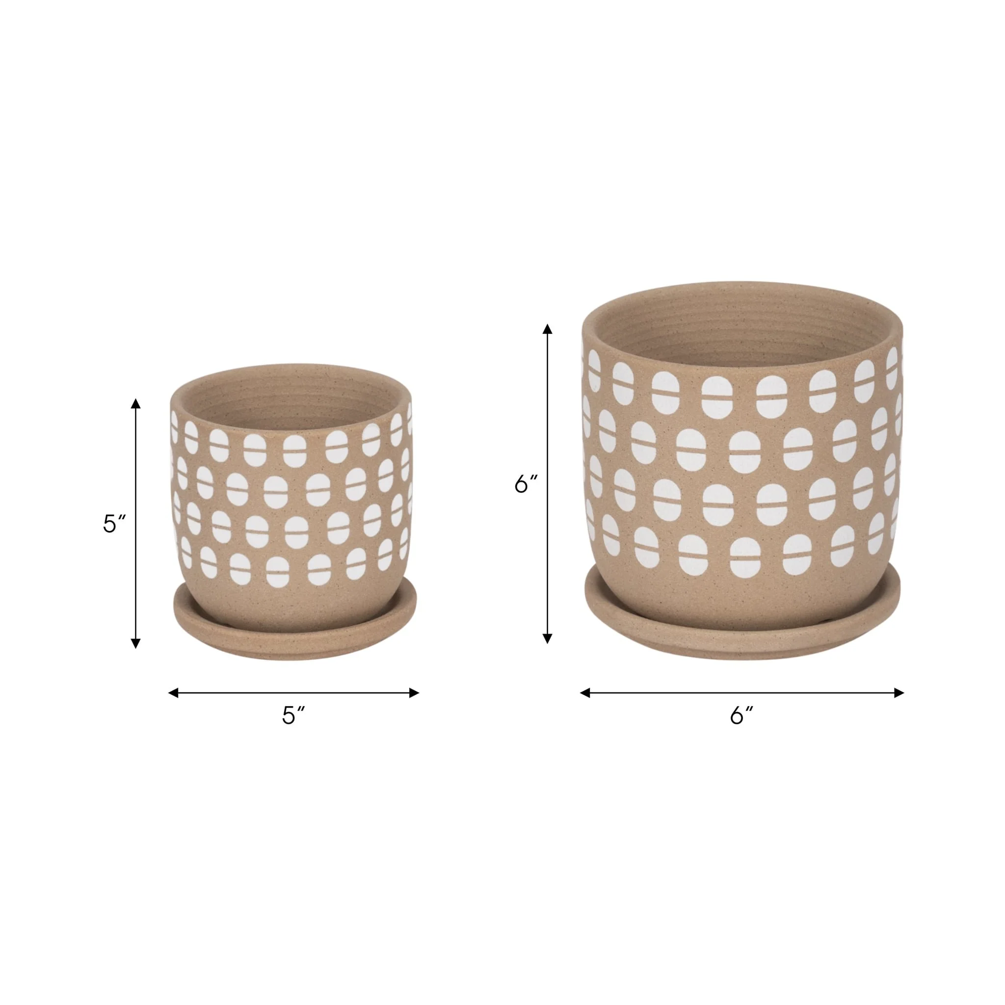 S/2 5/6" Hand Stamped Saucer Planters, Tan/white - Image 7