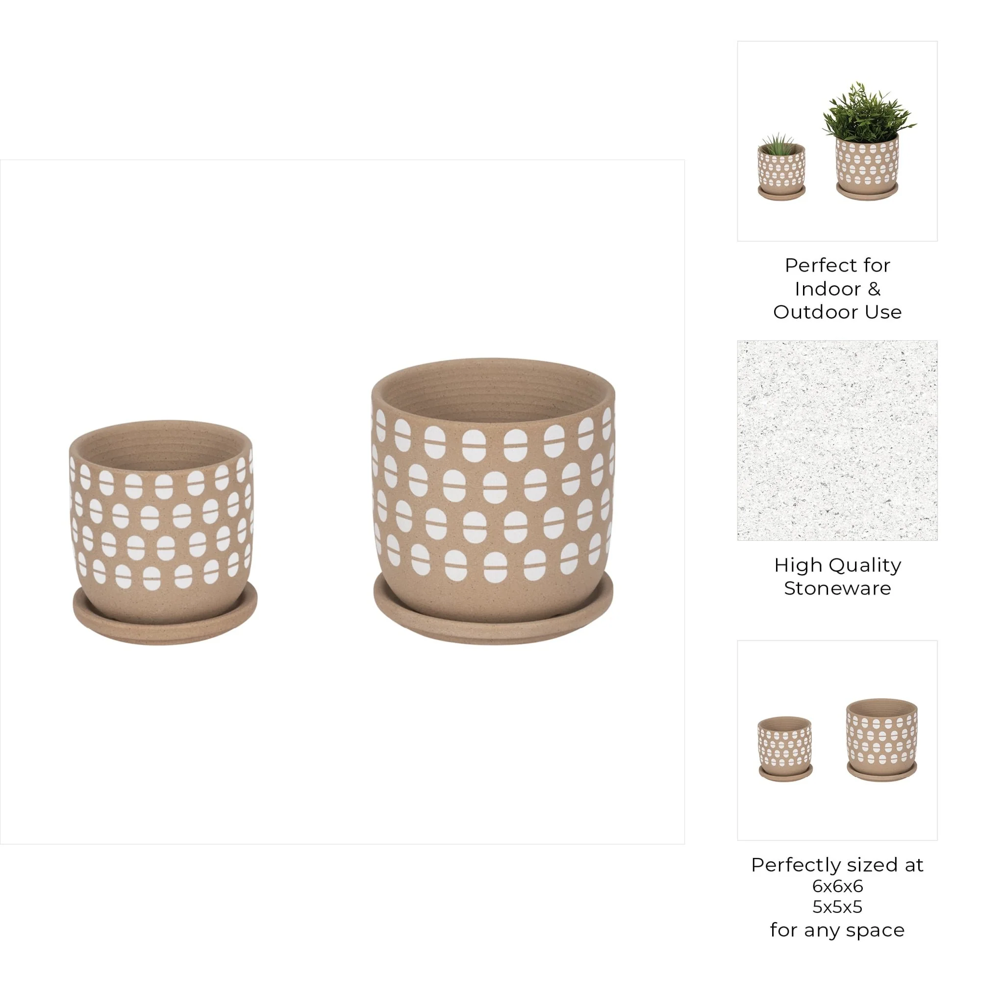 S/2 5/6" Hand Stamped Saucer Planters, Tan/white - Image 8