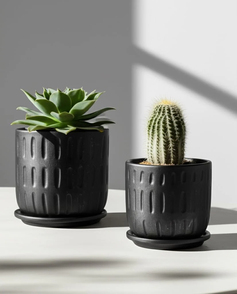 S/2 5/6" Textured Planter W/ Saucer,  Matte Black - Image 10