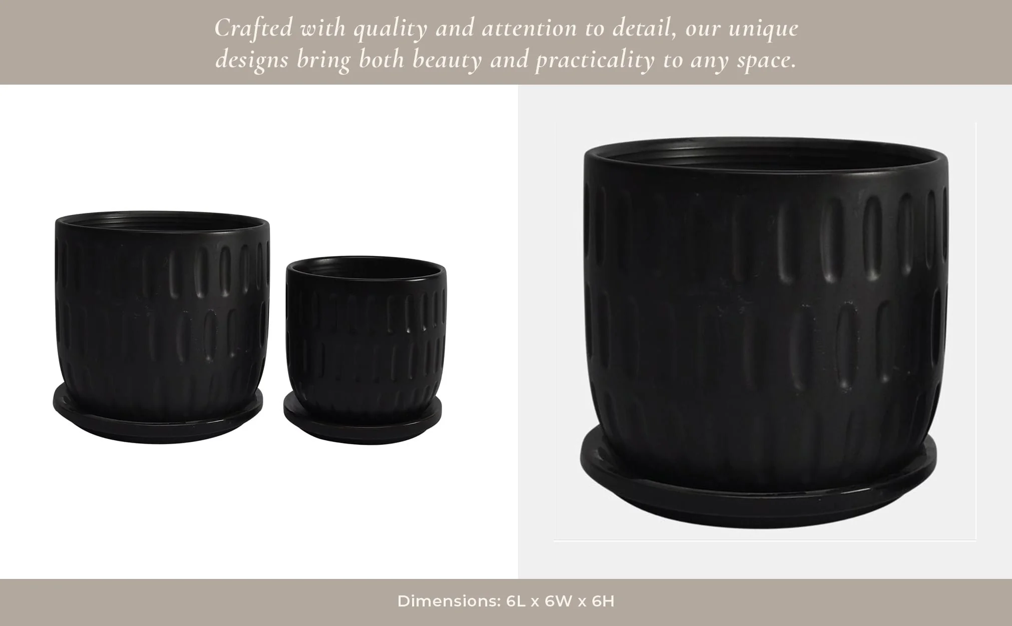 S/2 5/6" Textured Planter W/ Saucer,  Matte Black - Image 11