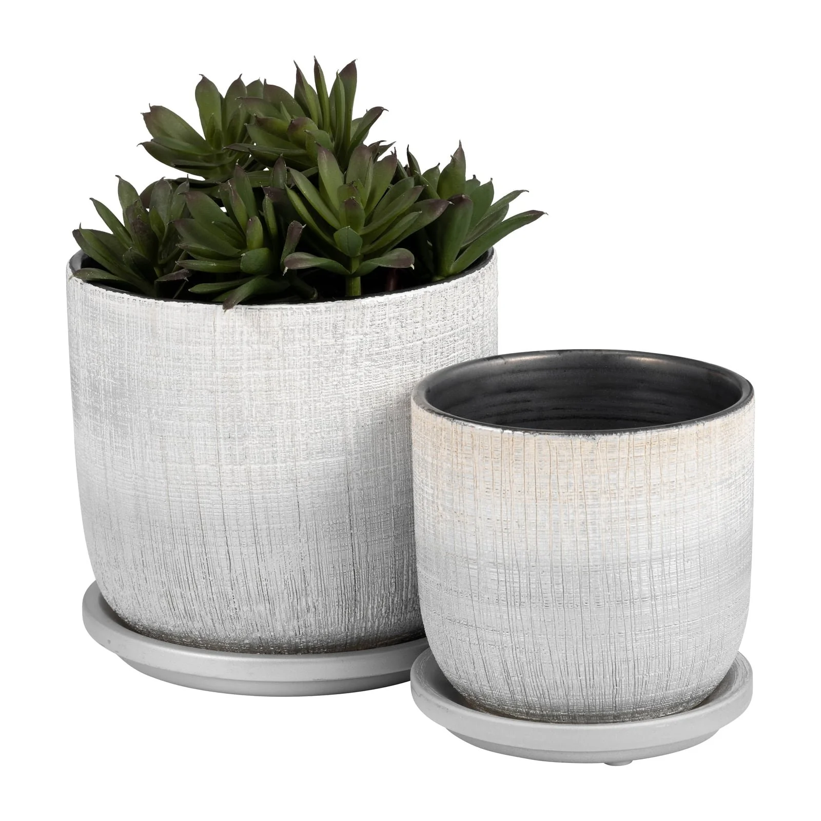 S/2 5/6" Textured Planter With Saucer, Silver - Image 3