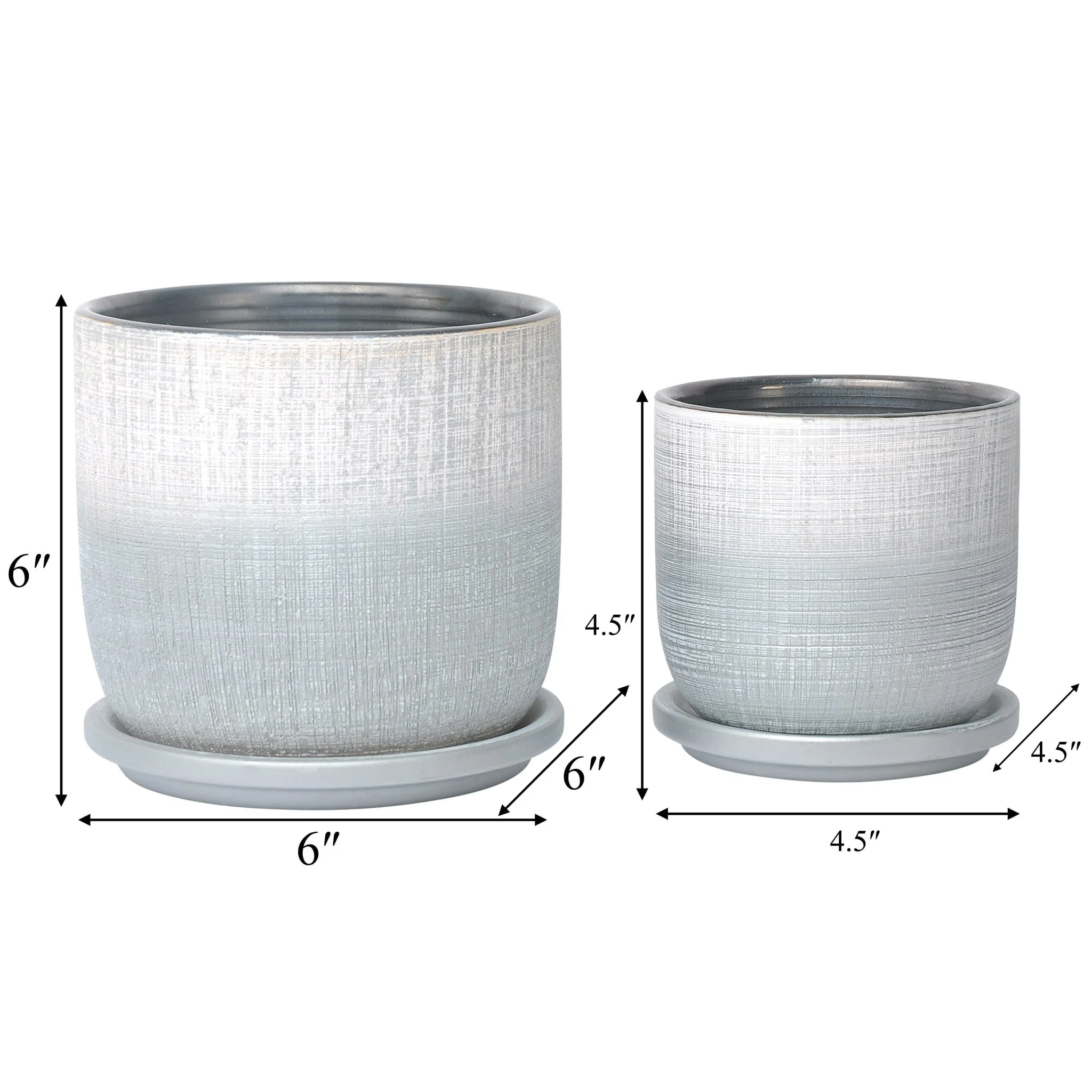 S/2 5/6" Textured Planter With Saucer, Silver - Image 7