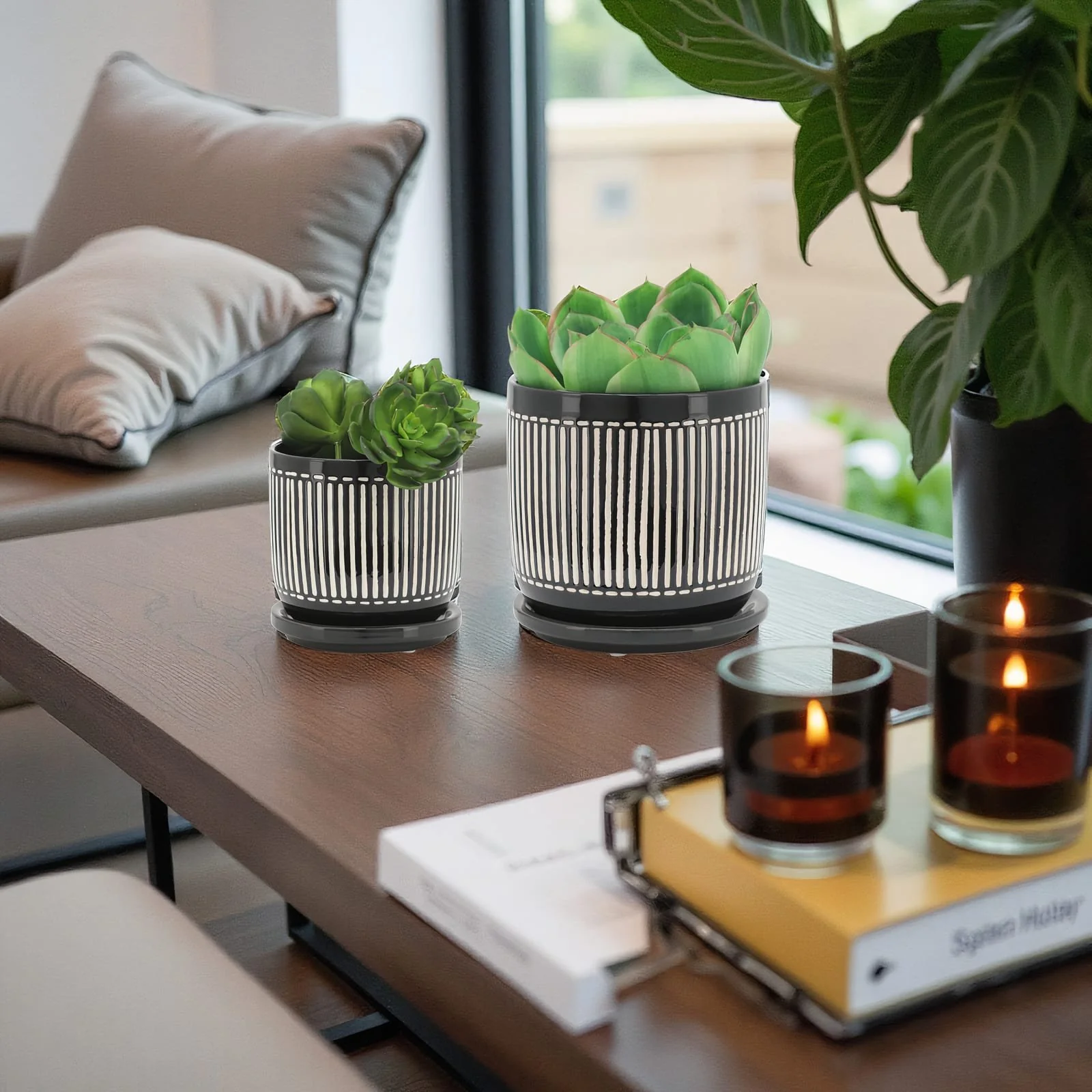S/2 5/6" Vertical Lines Planter W/ Saucer, Black - Image 10