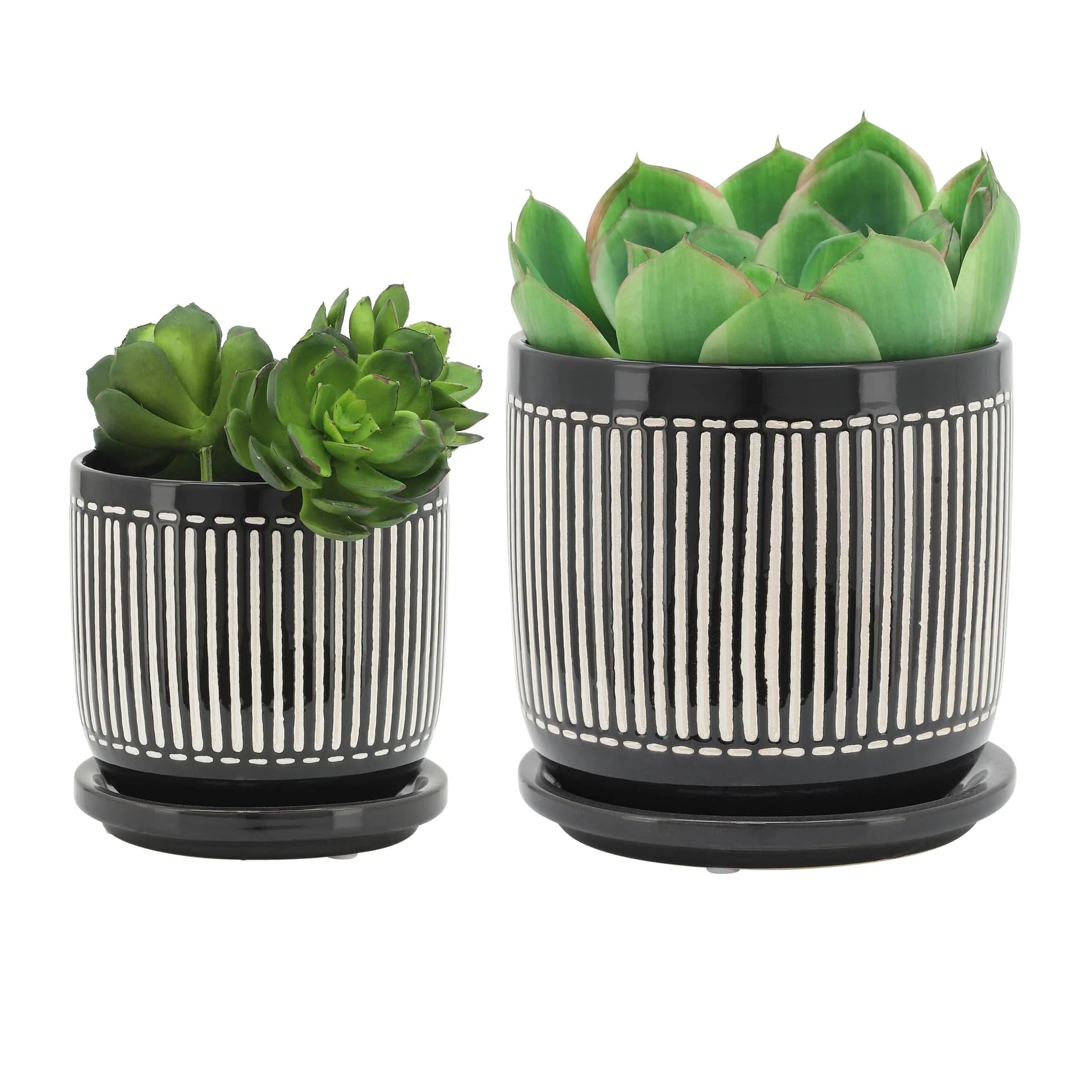 S/2 5/6" Vertical Lines Planter W/ Saucer, Black - Image 2