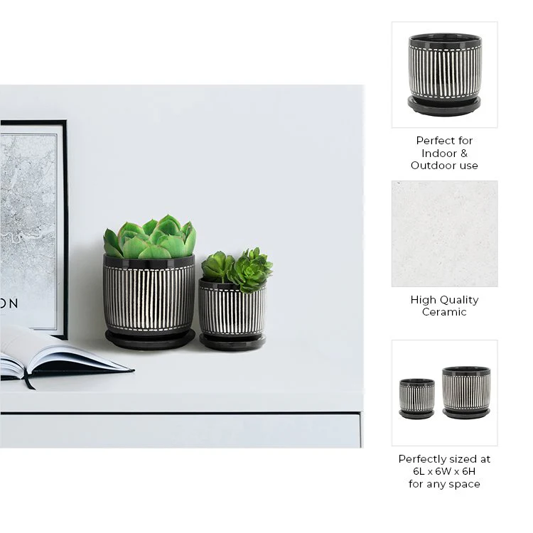 S/2 5/6" Vertical Lines Planter W/ Saucer, Black - Image 8