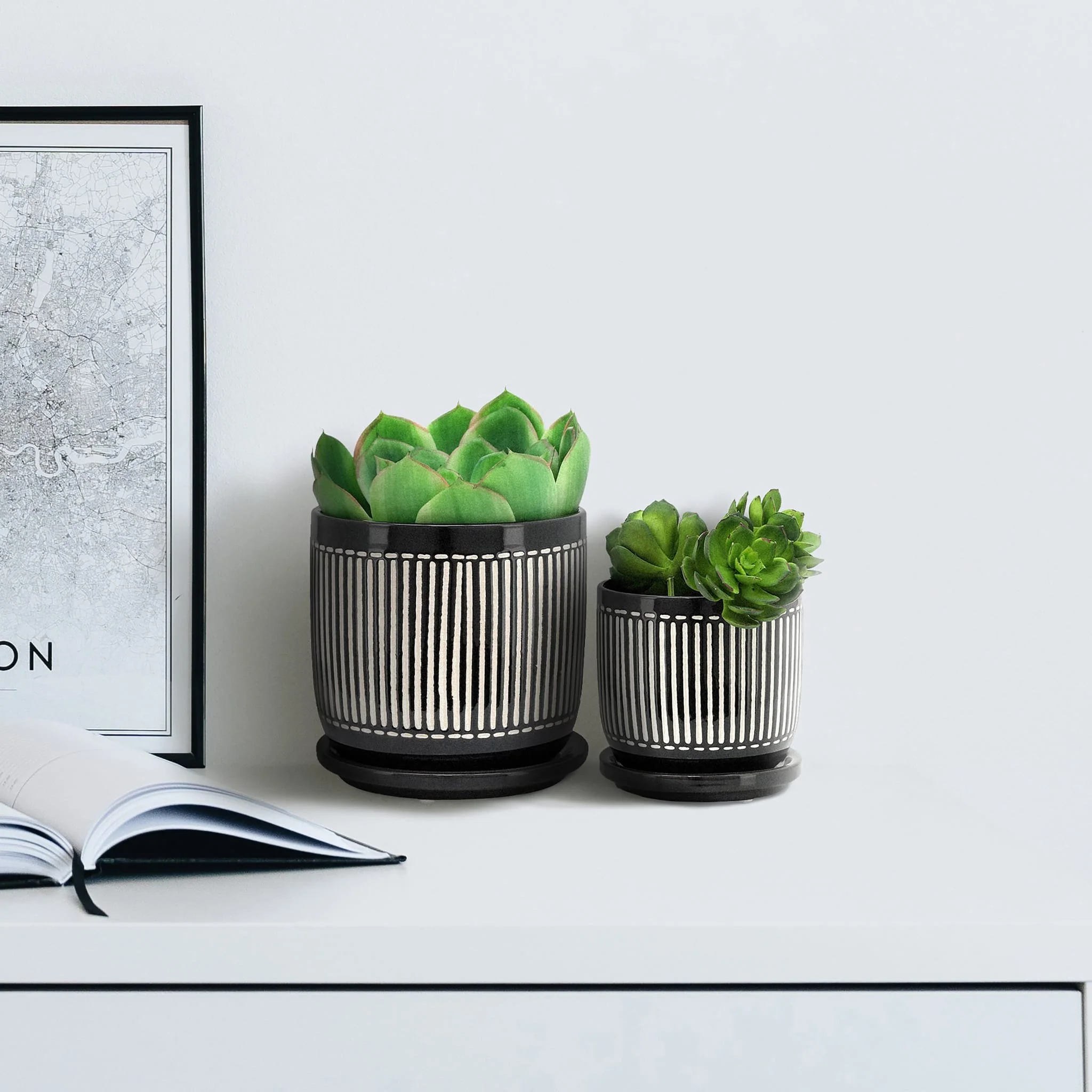 S/2 5/6" Vertical Lines Planter W/ Saucer, Black - Image 9