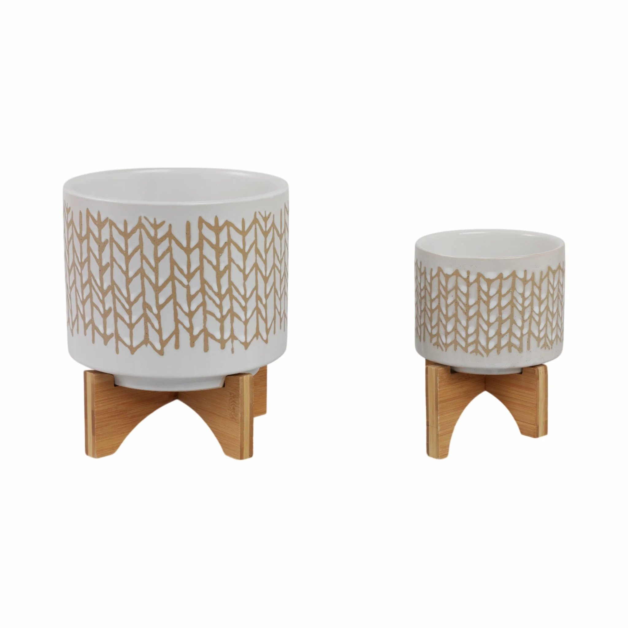 S/2 5/8" Chevron Planter W/ Wood Stand, Beige - Image 3