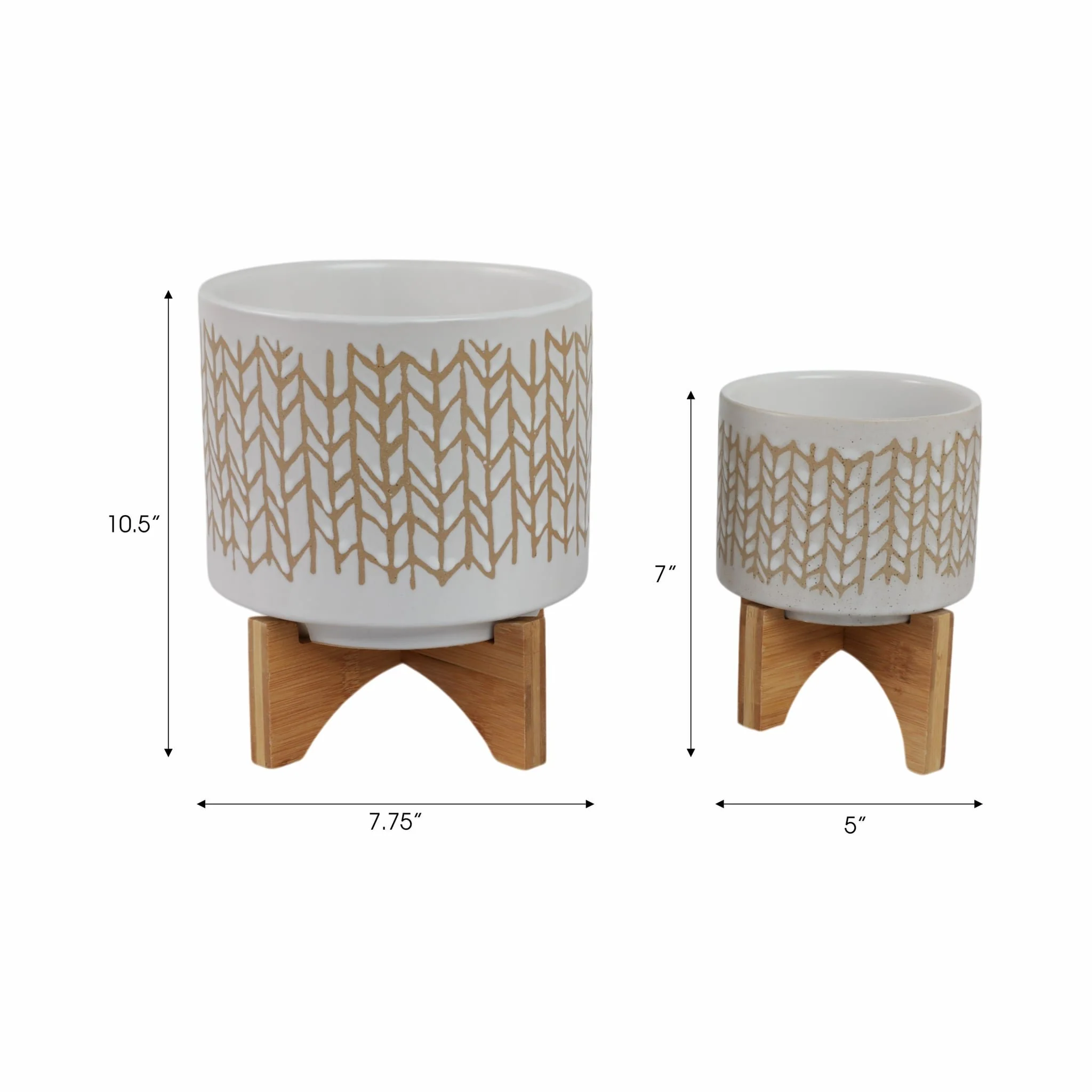 S/2 5/8" Chevron Planter W/ Wood Stand, Beige - Image 8