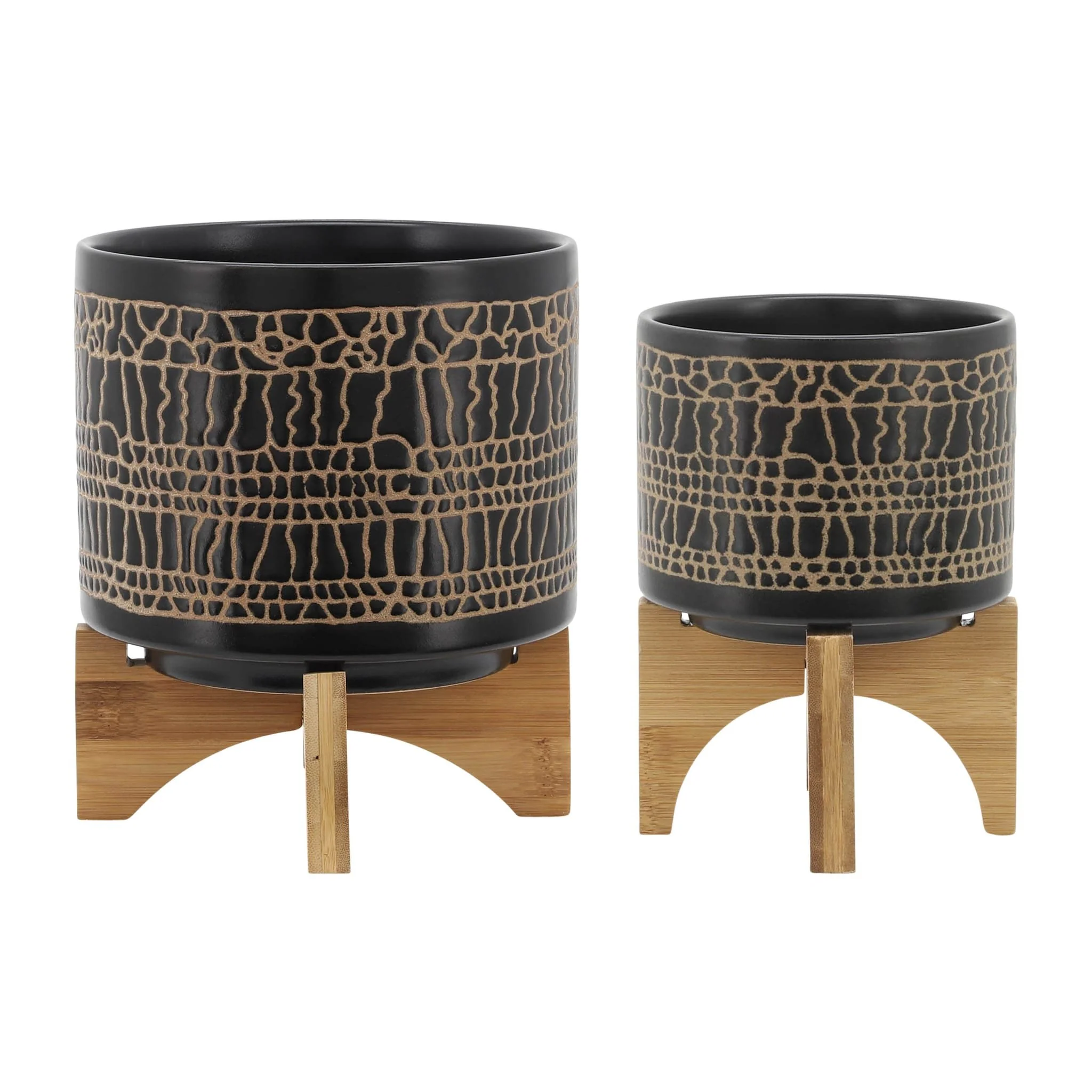 S/2 5/8" Glazed Planter W/ Stand, Black - Image 2