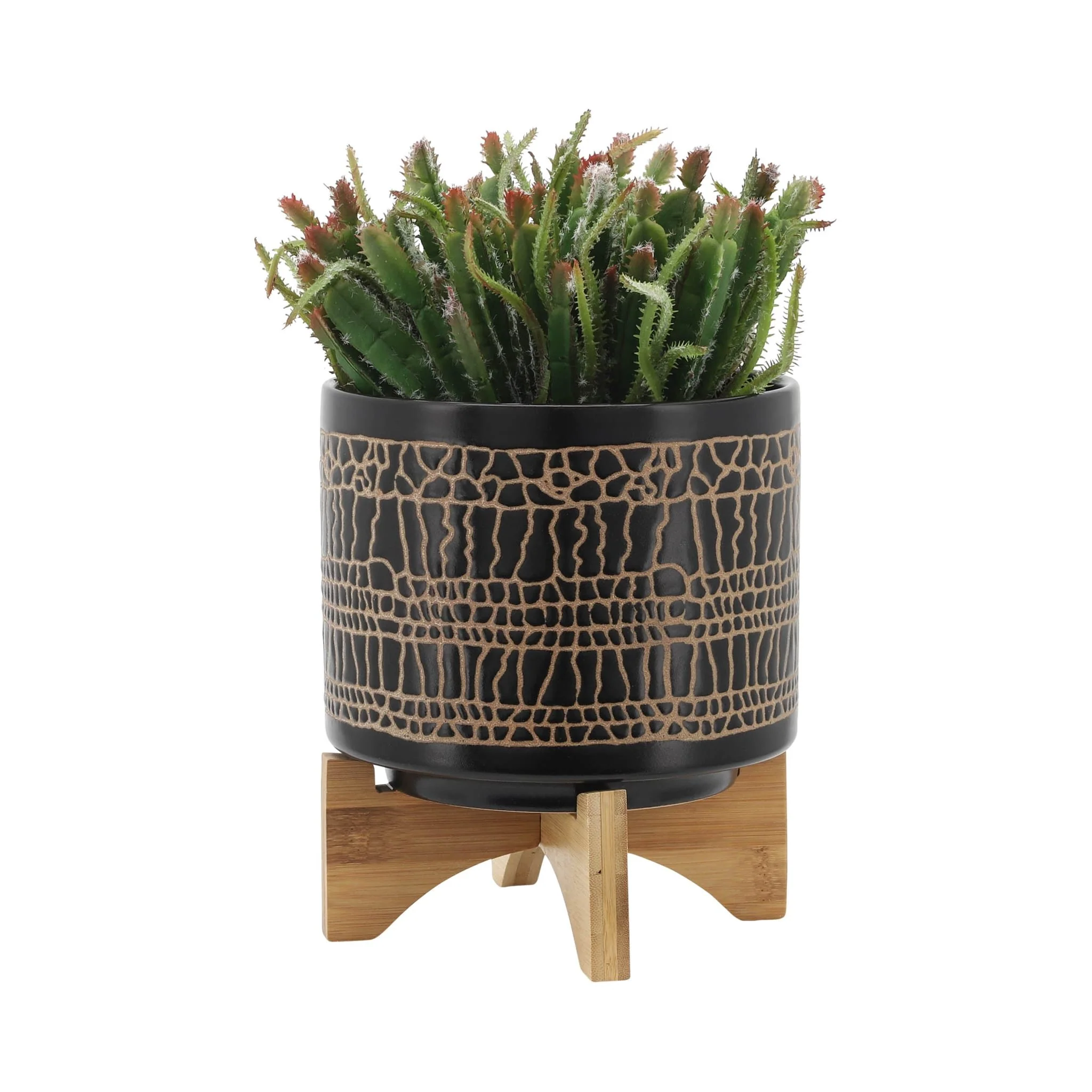 S/2 5/8" Glazed Planter W/ Stand, Black - Image 3