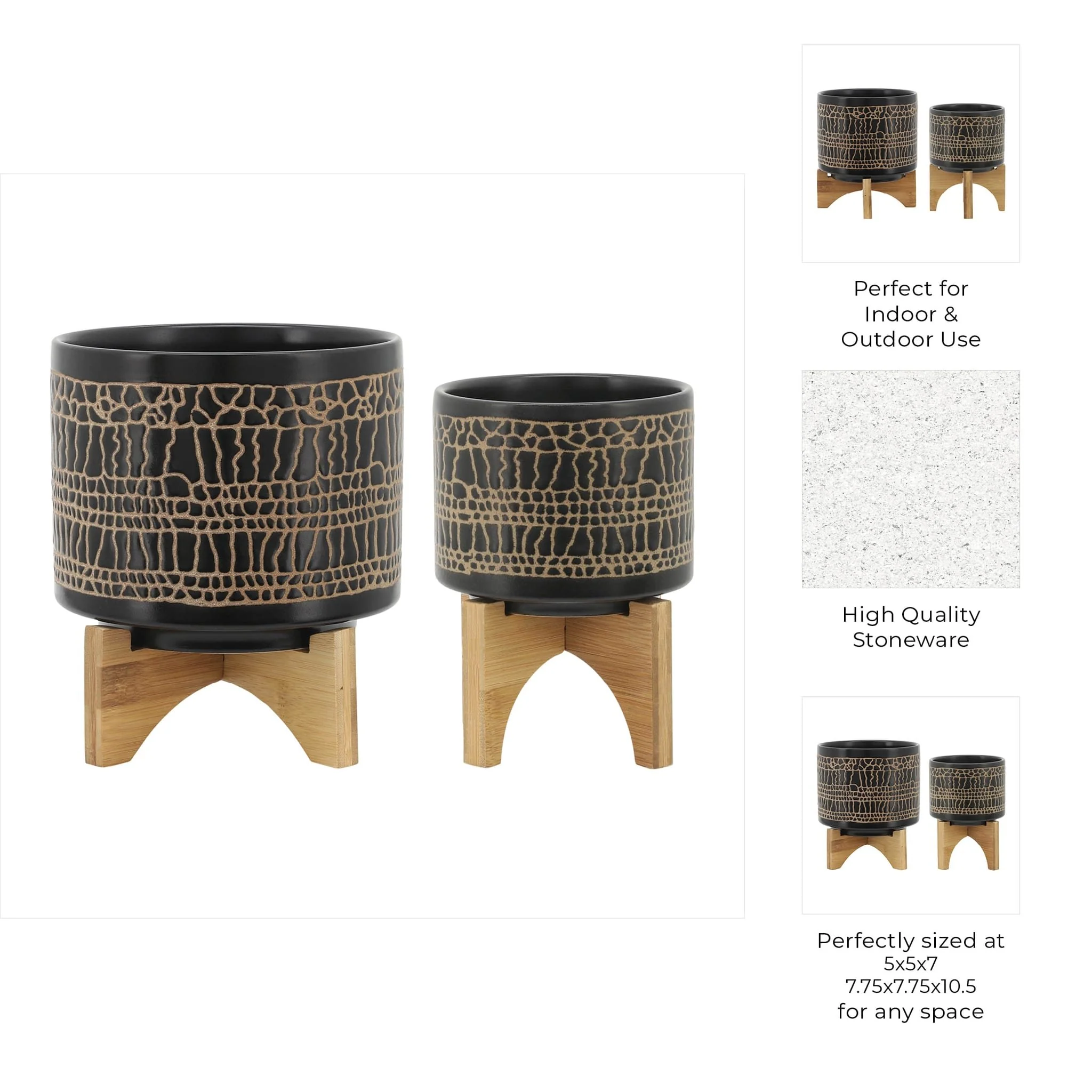 S/2 5/8" Glazed Planter W/ Stand, Black - Image 9