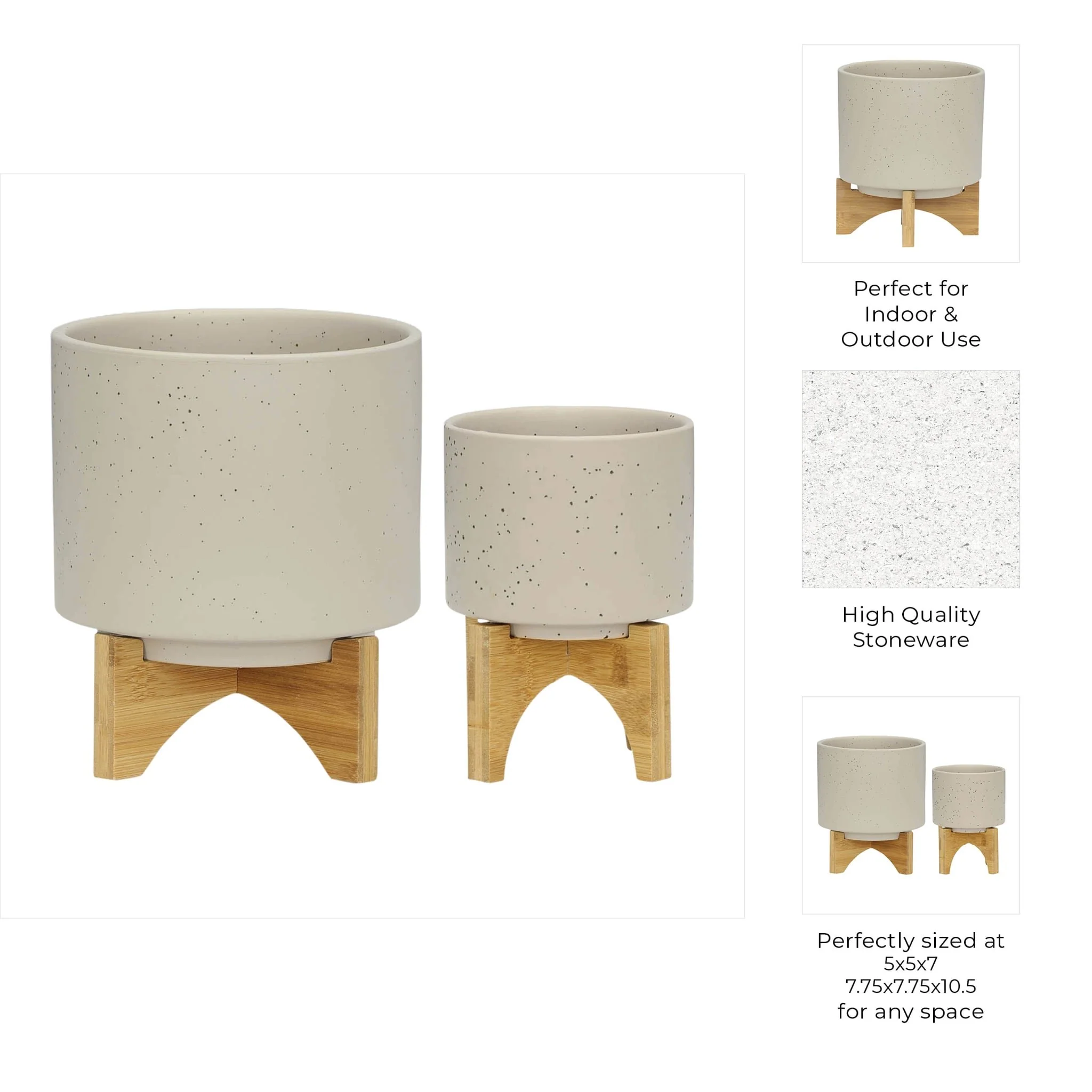 S/2 5/8" Planter W/ Wood Stand, Matte Beige - Image 9