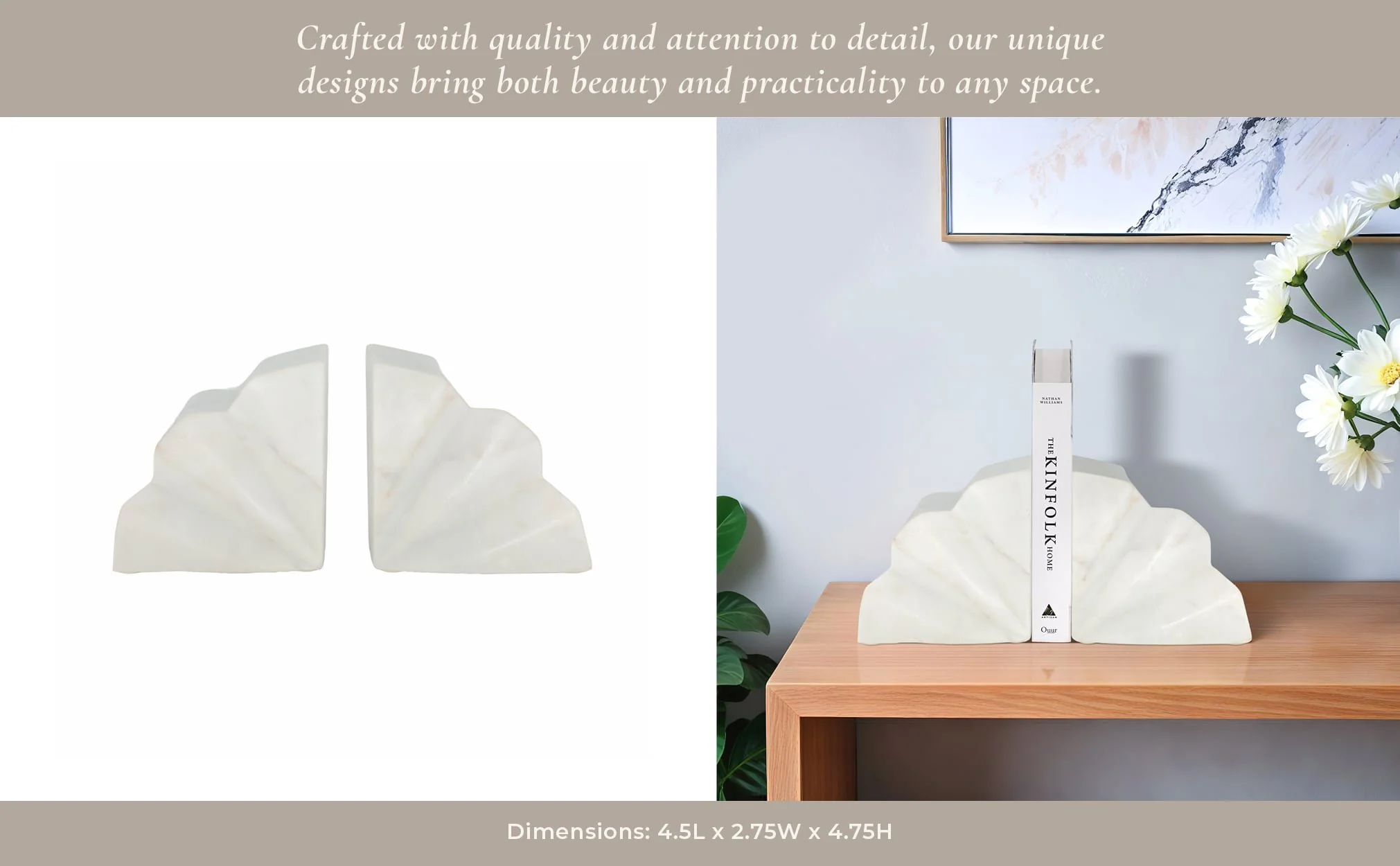 S/2 5" Semi Circle Fluted Marble Bookends, White - Image 10