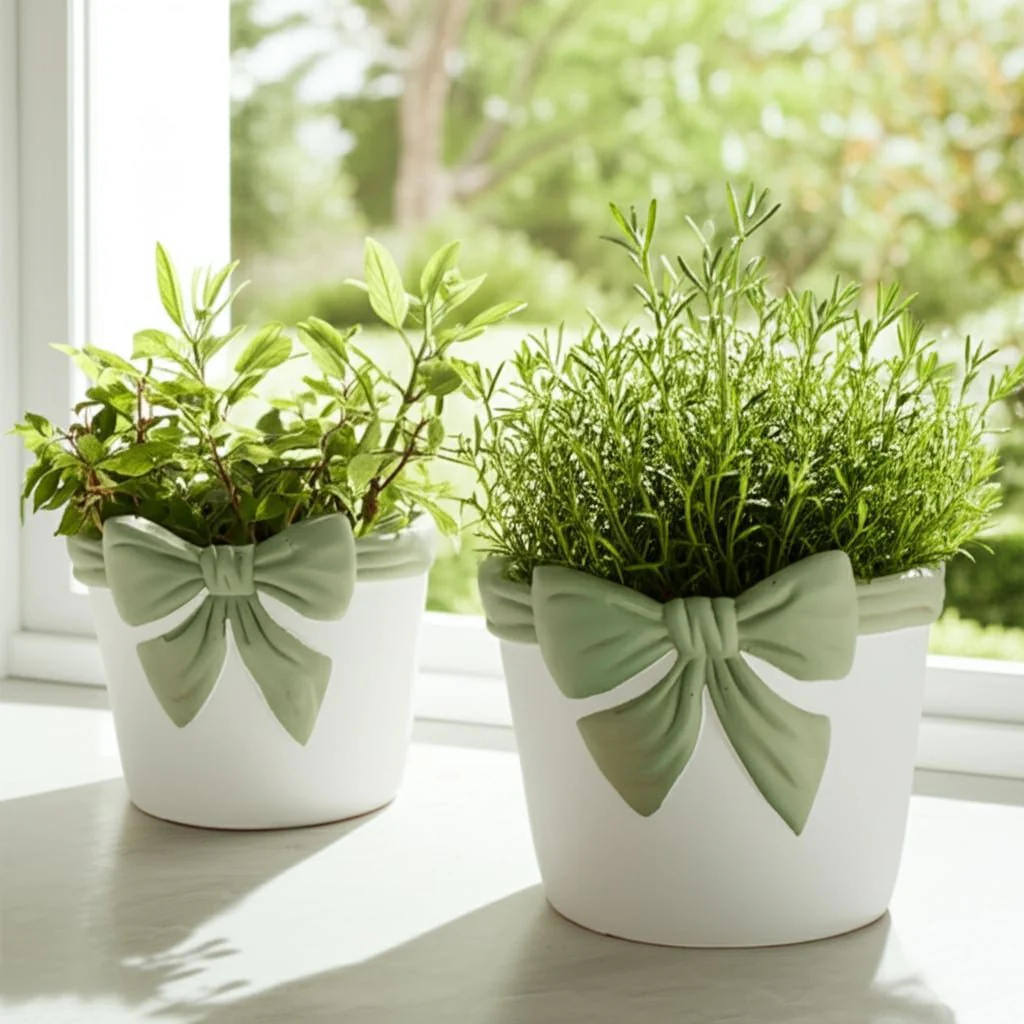 S/2 6/7" Big Bow Planters, White/green - Image 12