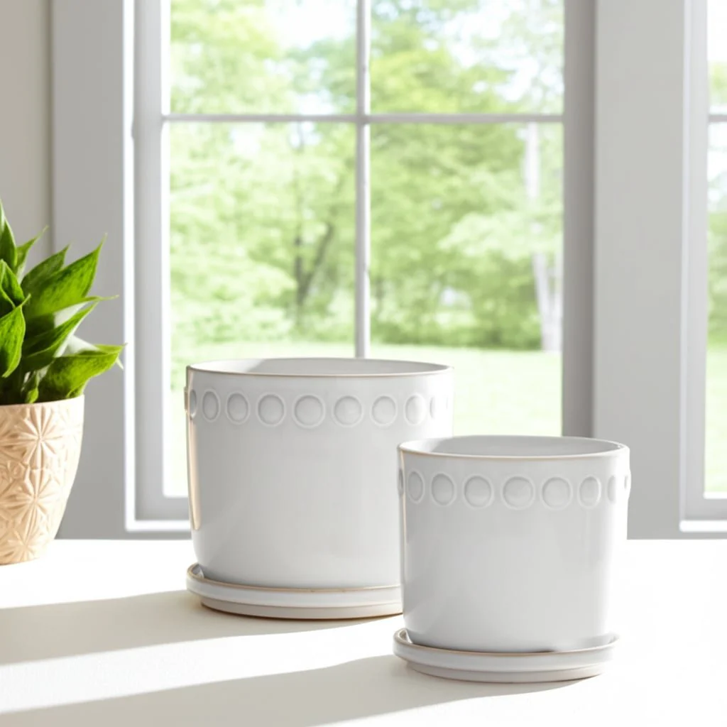 S/2 6/8" Bubble Trim Planter W/ Saucer, White - Image 11