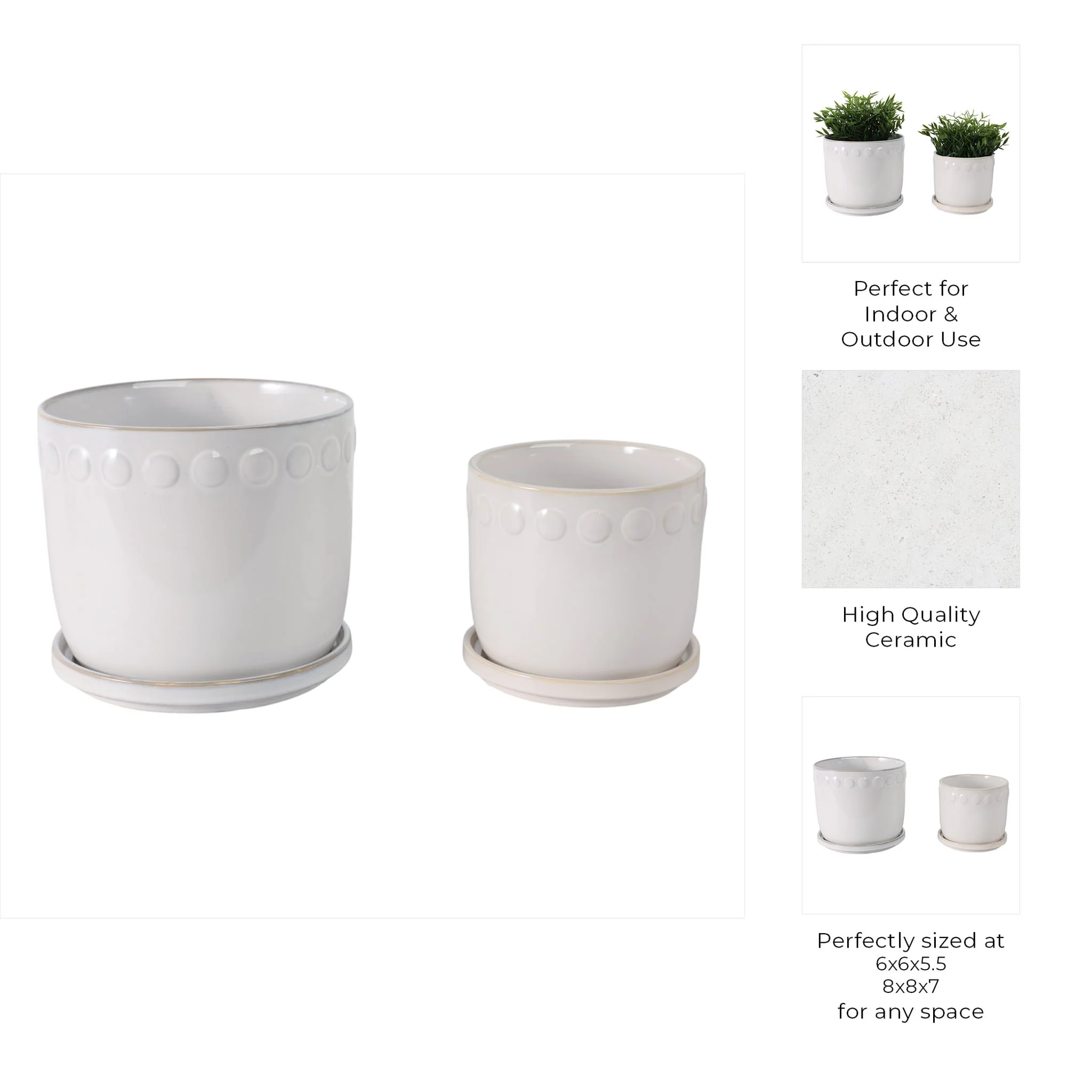 S/2 6/8" Bubble Trim Planter W/ Saucer, White - Image 9