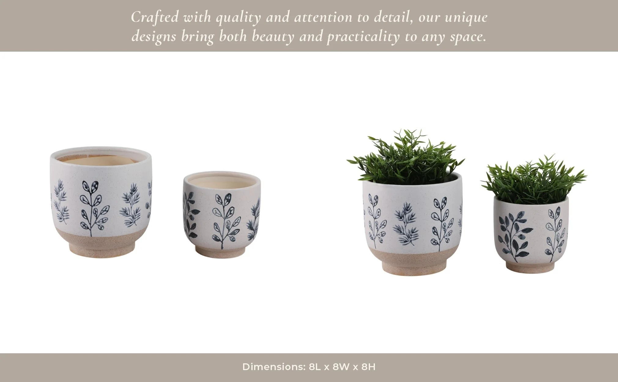 S/2 6/8" Hand Painted Leaves Planters, White/blue - Image 10