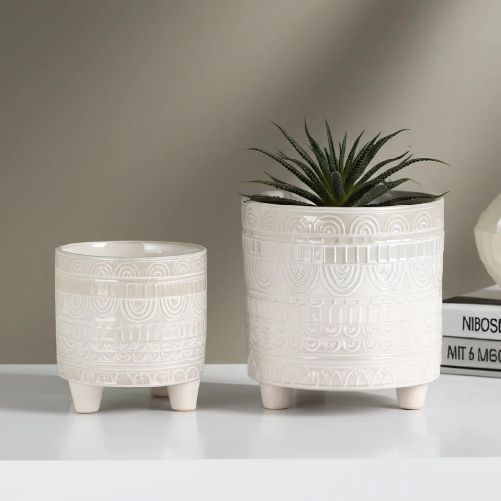 S/2 6/8" Iridescent Boheme Footed Planters, Ivory - Image 11