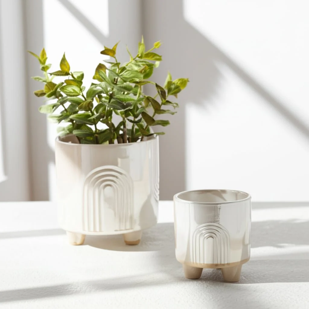 S/2 6/8" Iridescent Bravais Footed Planters, Ivory - Image 11