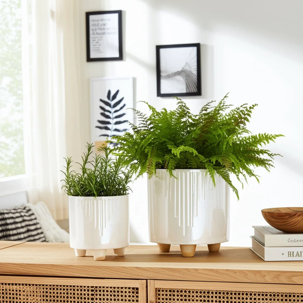S/2 6/8" Iridescent Line Footed Planters, Ivory - Image 10