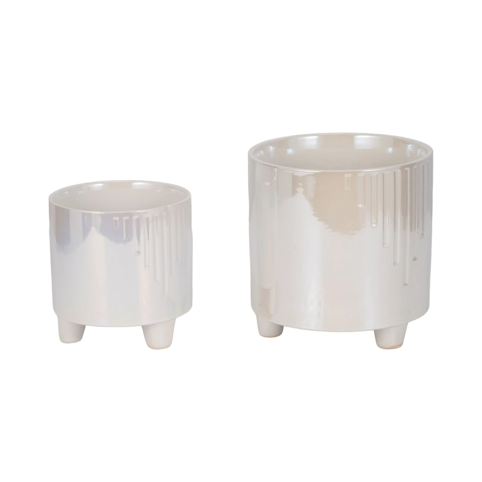 S/2 6/8" Iridescent Line Footed Planters, Ivory - Image 3