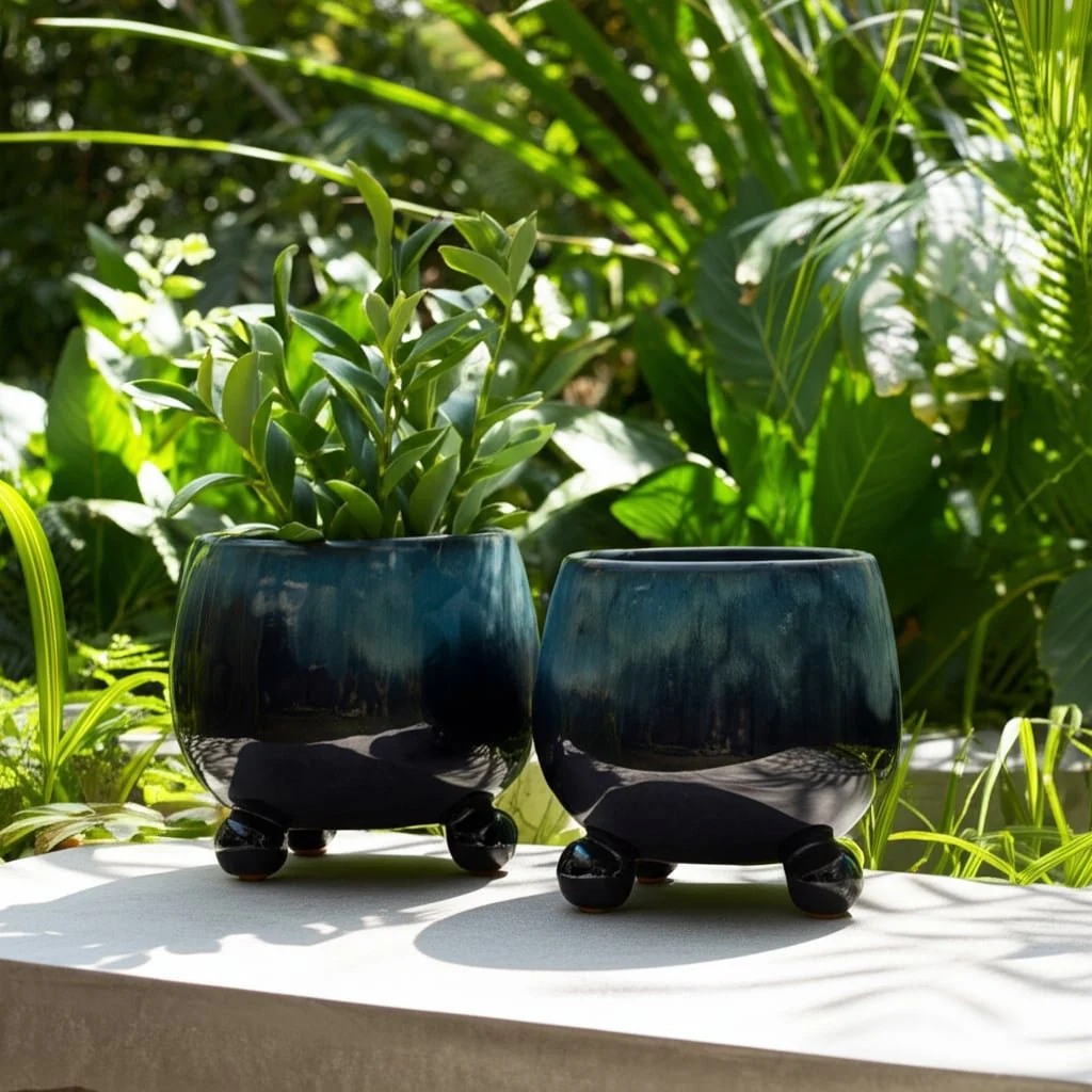 S/2 6/8" Knobby Feet Reactive Finish Planters, Blu - Image 9