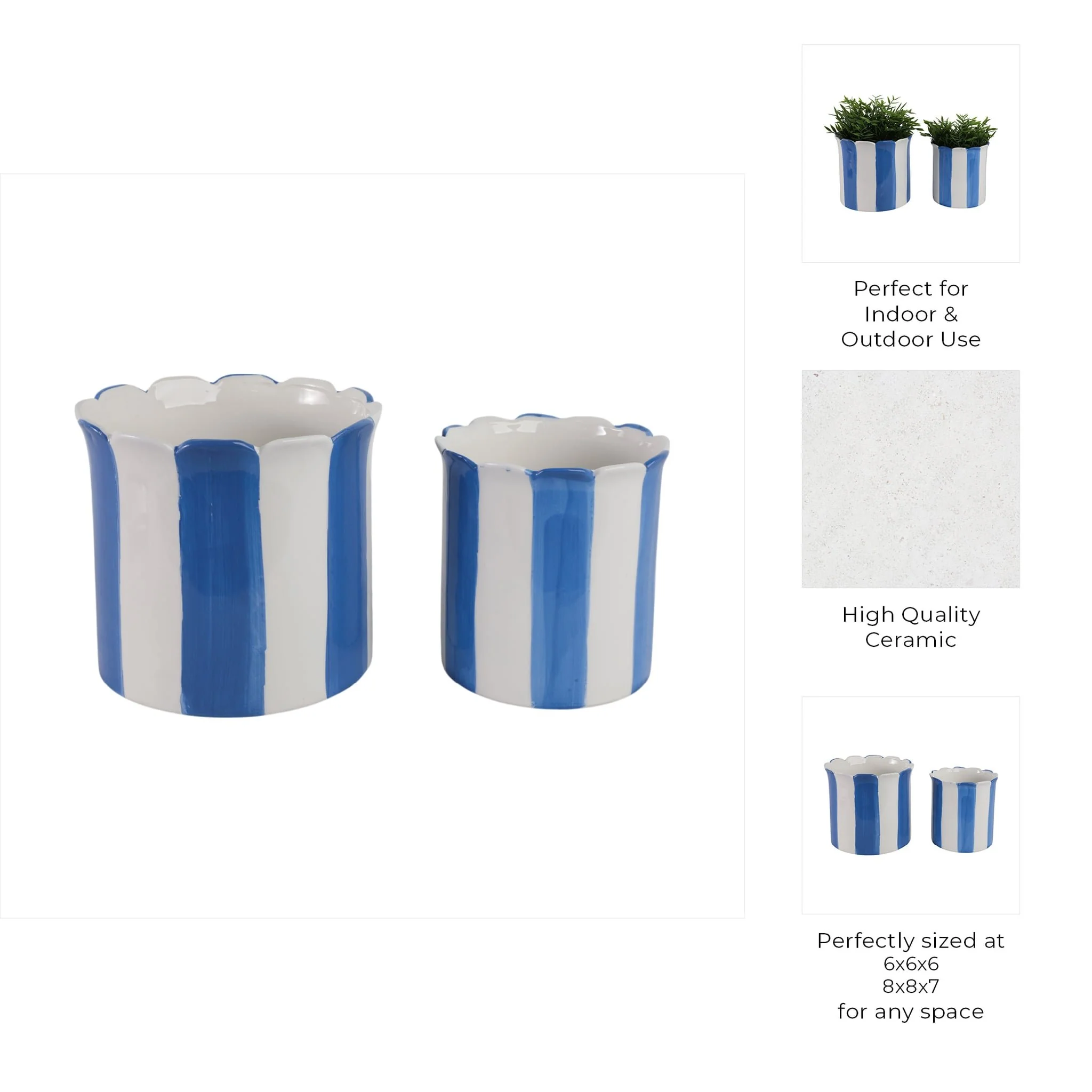 S/2 6/8" Striped Scallop Edge Planters, White/blue - Image 10