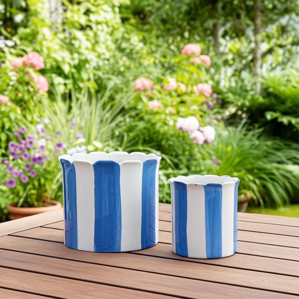 S/2 6/8" Striped Scallop Edge Planters, White/blue - Image 12