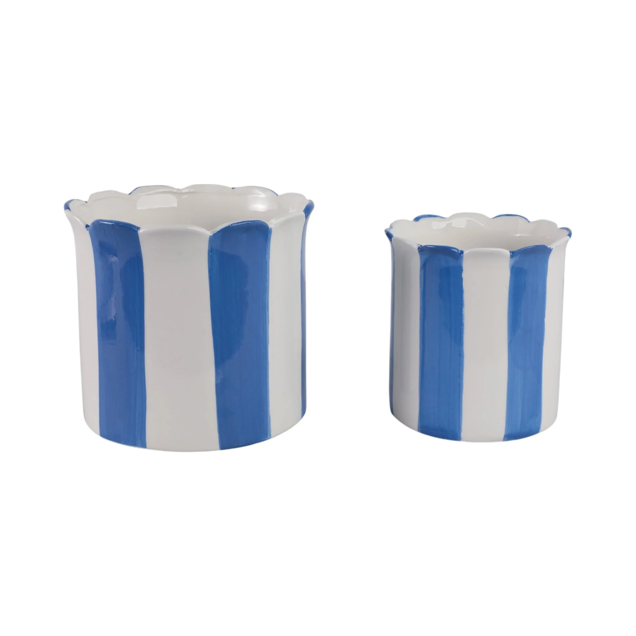 S/2 6/8" Striped Scallop Edge Planters, White/blue - Image 3