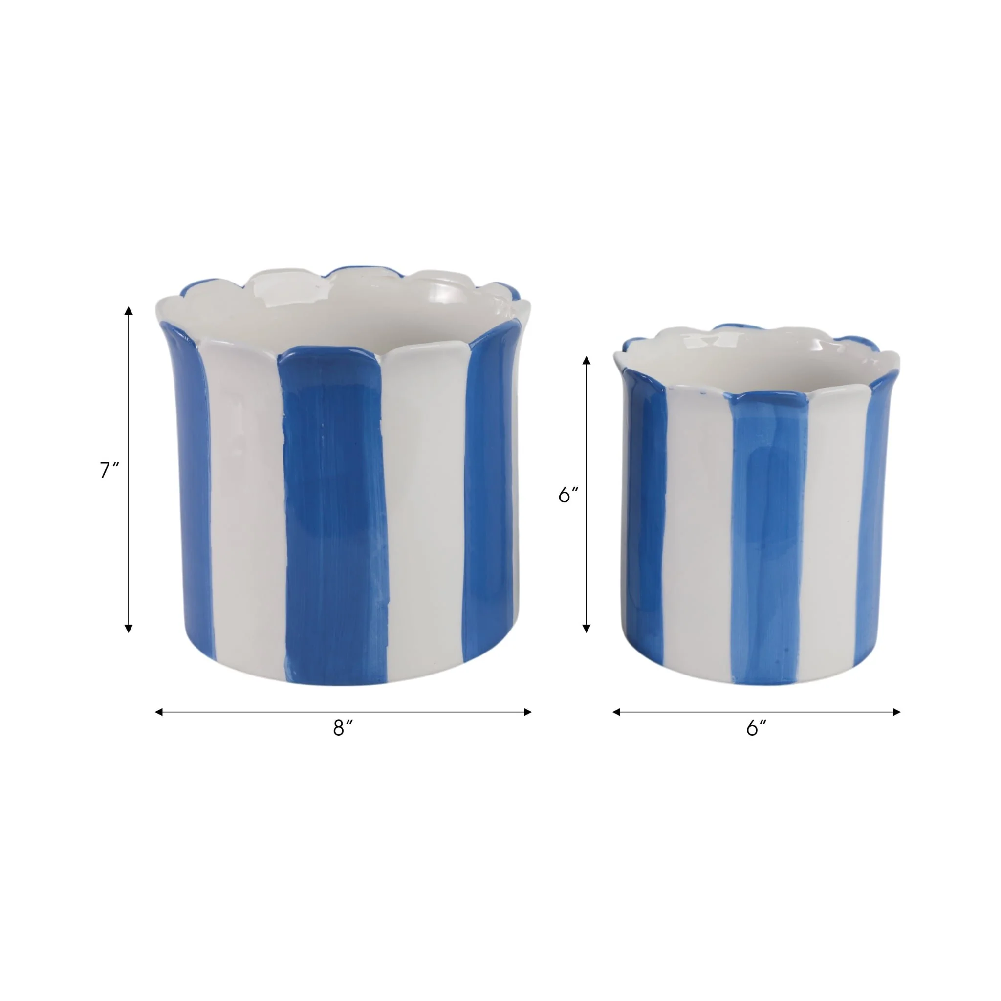 S/2 6/8" Striped Scallop Edge Planters, White/blue - Image 9