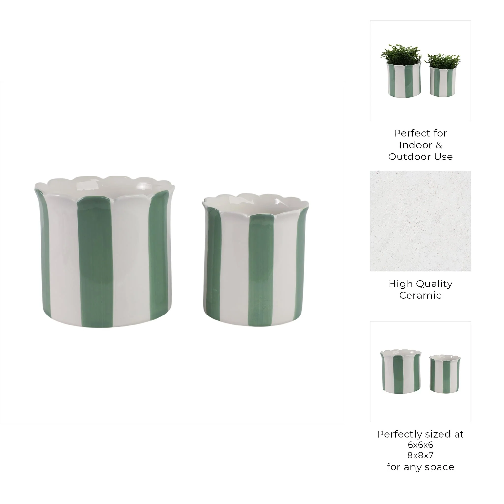 S/2 6/8" Striped Scallop Edge Planters, White/gn - Image 10
