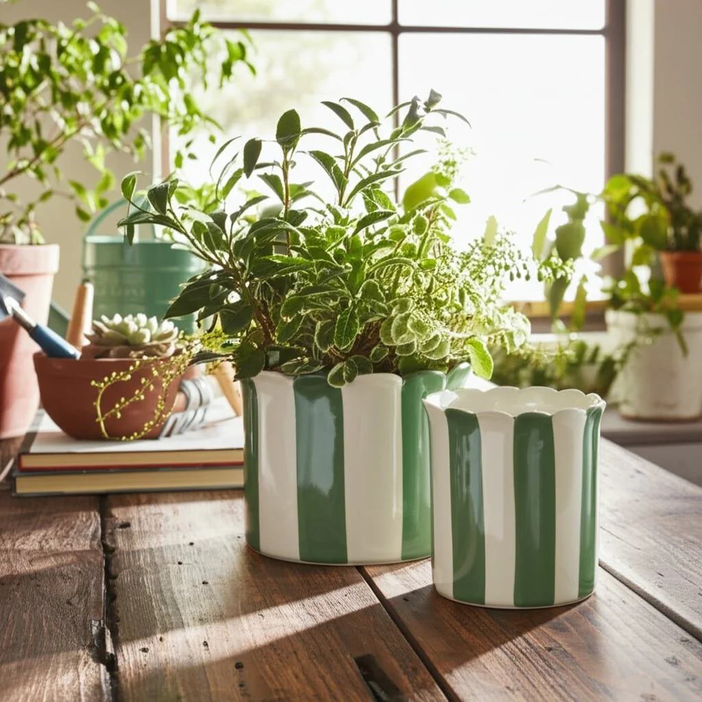 S/2 6/8" Striped Scallop Edge Planters, White/gn - Image 12