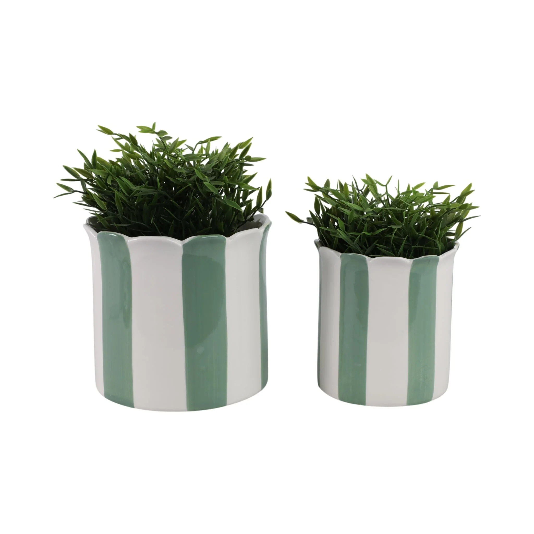 S/2 6/8" Striped Scallop Edge Planters, White/gn - Image 2