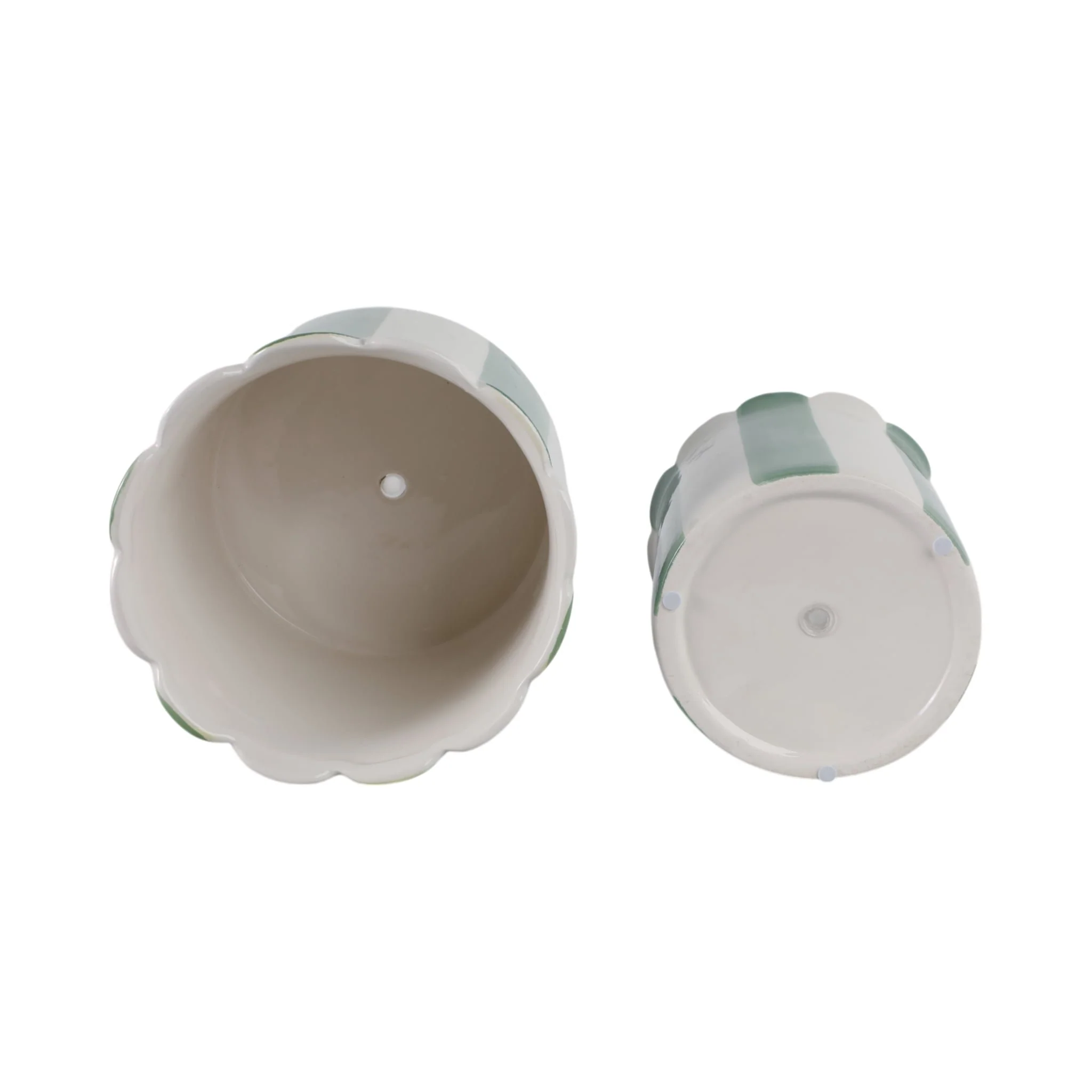 S/2 6/8" Striped Scallop Edge Planters, White/gn - Image 7