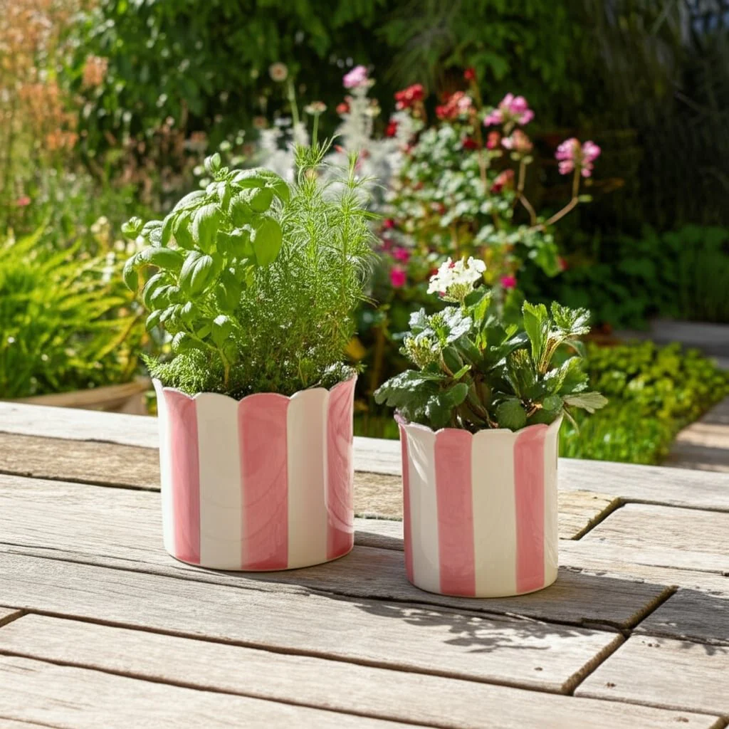 S/2 6/8" Striped Scallop Edge Planters, White/pink - Image 12