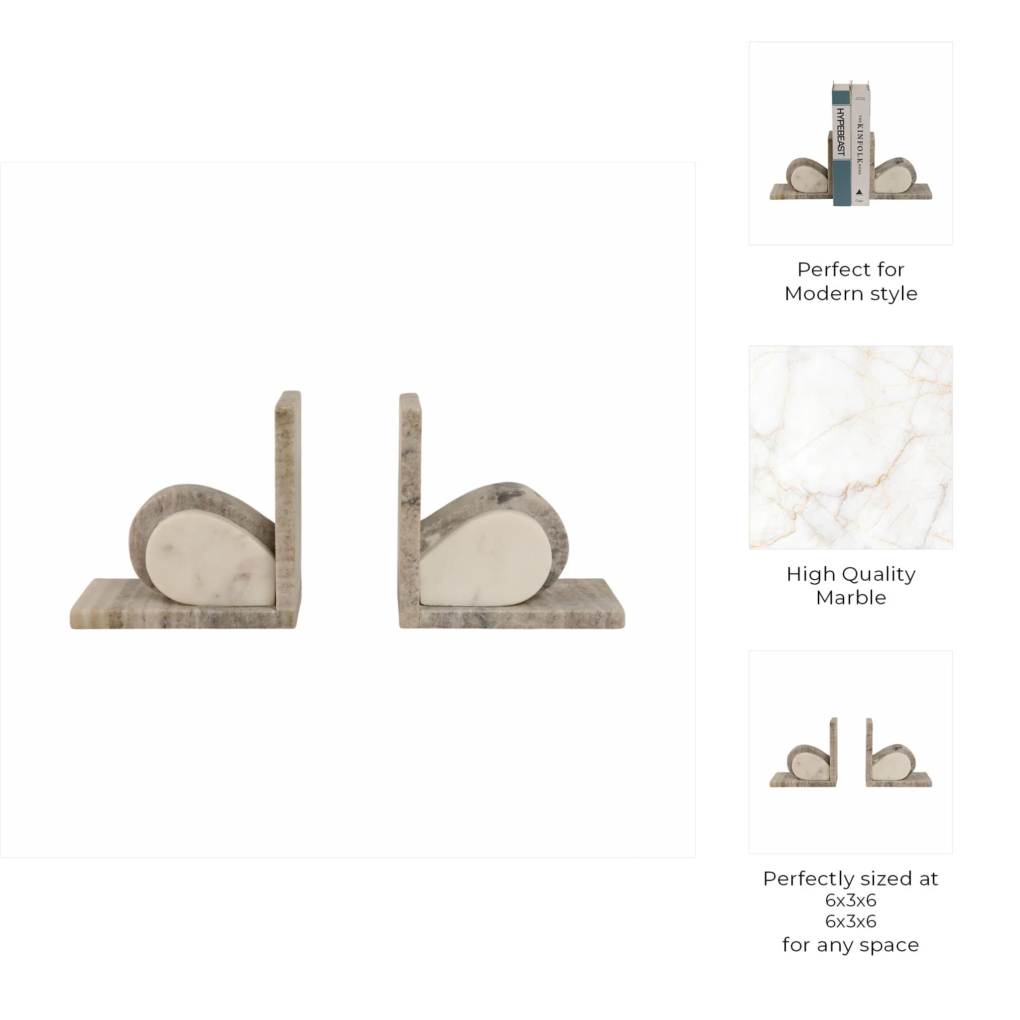 S/2 6" Eared Onyx & White Marble Bookends, Beige - Image 8